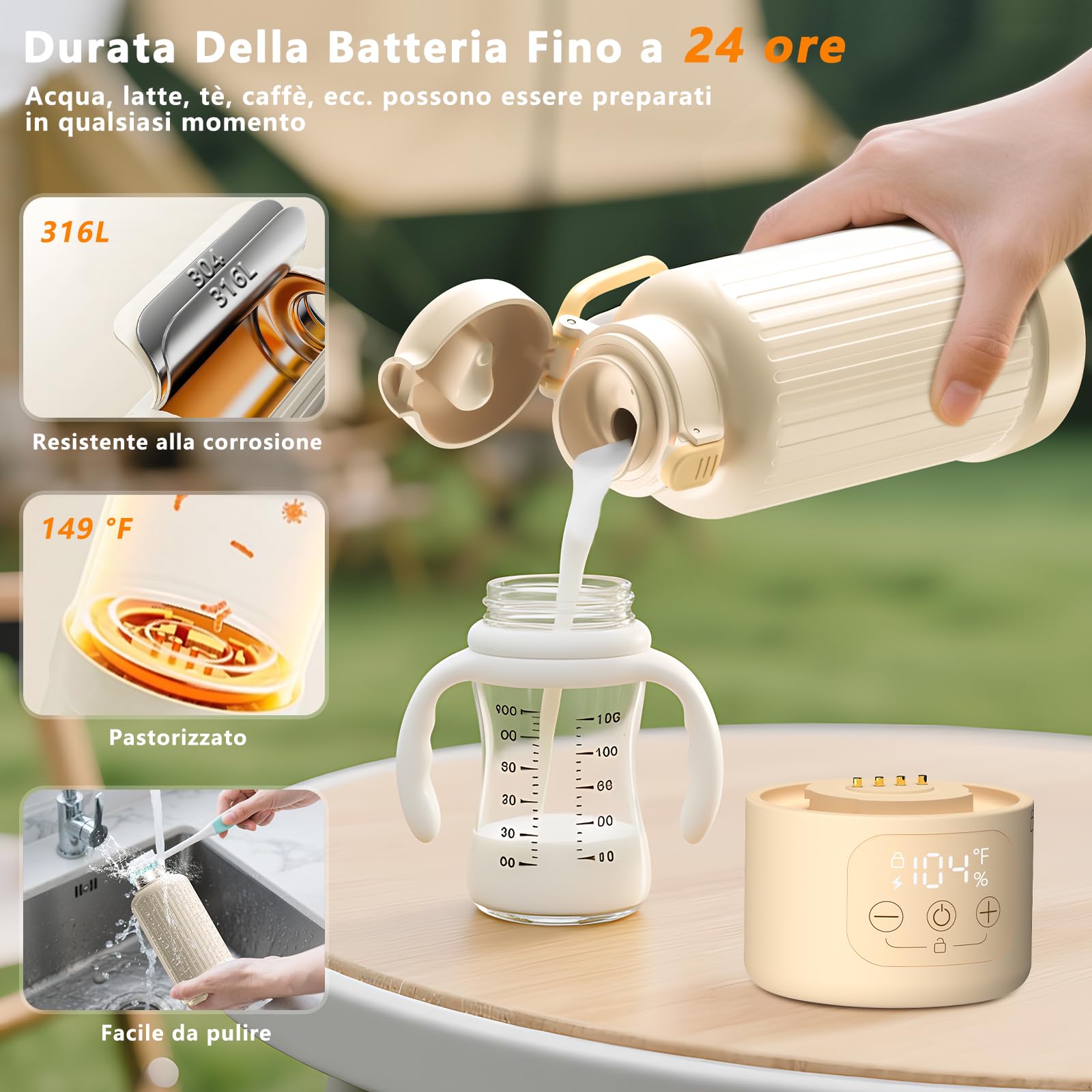 Robofun Scaldabiberon Portatile Senza Fili, Scalda Biberon Neonato Portatile, Riscaldamento Rapido e Lunga Durata della Batteria, Grande Capacità di 500ml, Comodo Da Usare Sempre e Ovunque