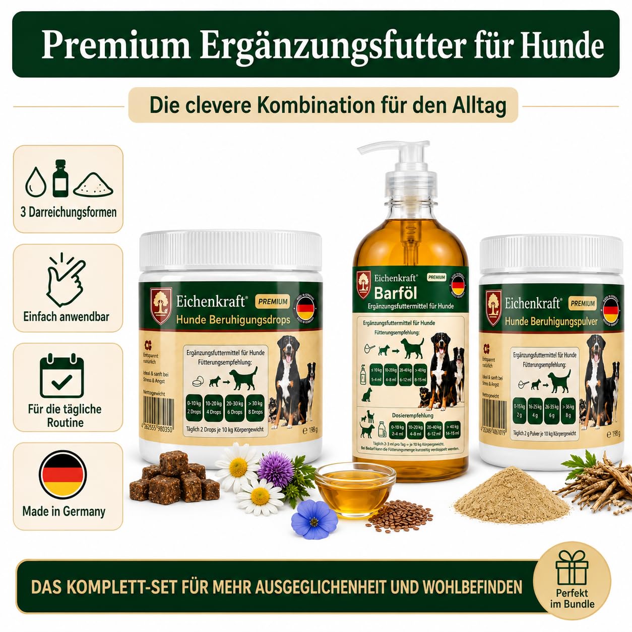 Beruhigungsmittel Hunde 3er Set Kausnacks Beruhigungspulver Lachsöl Barf Öl