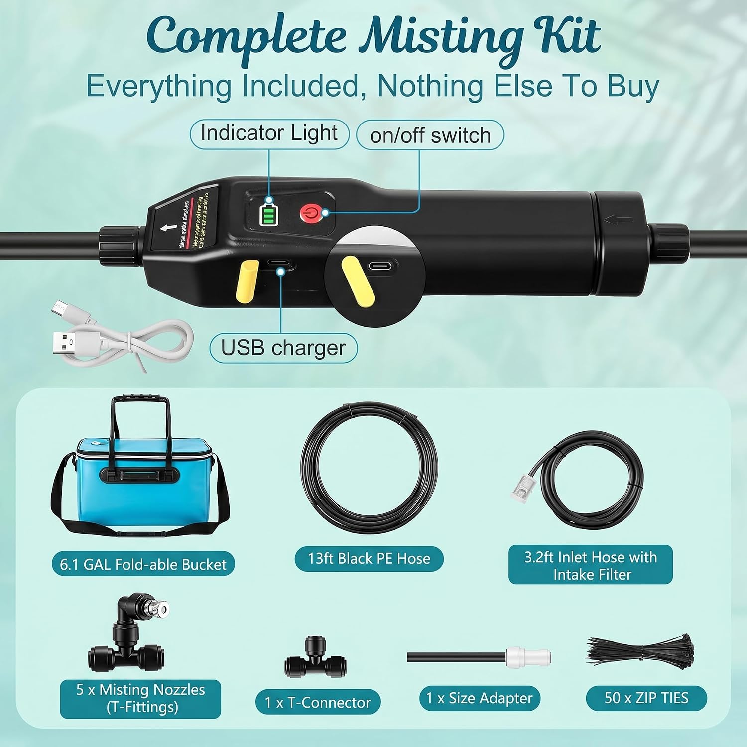 Fan Misting Kit with Rechargeable 4000mAh Water Pump, Portable Misting System with 6 Gallon Bucket, 16FT Hose, 5 Mist Nozzles & 50 Zip Ties, Outdoor Cooling Fan Mister for Patio, Camping, Beach
