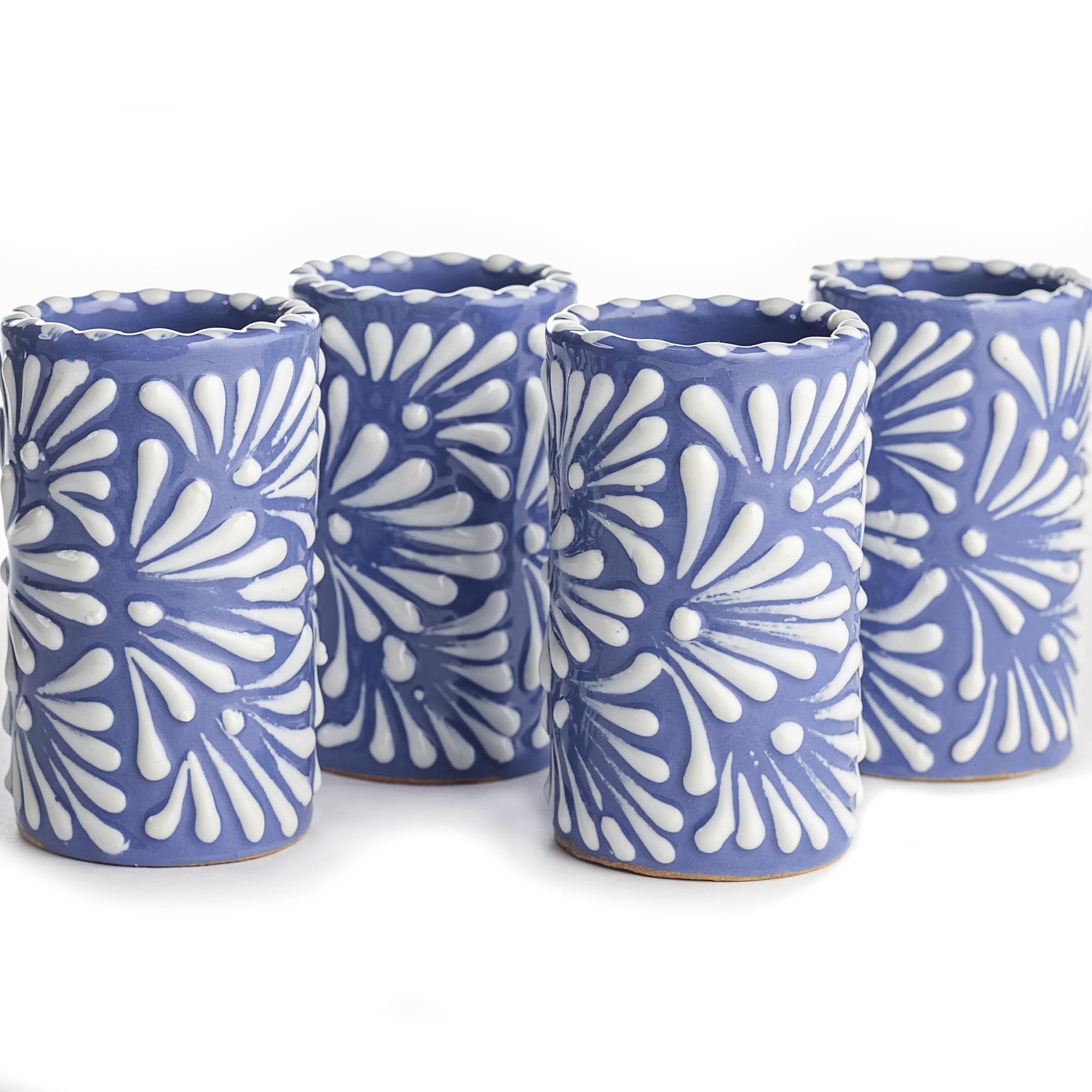 Talavera Shot Glasses Set of 4 Authentic Mexican Tequila Shot Glasses - Hand-painted - 2 Oz (White Brushstroke Blue Background)