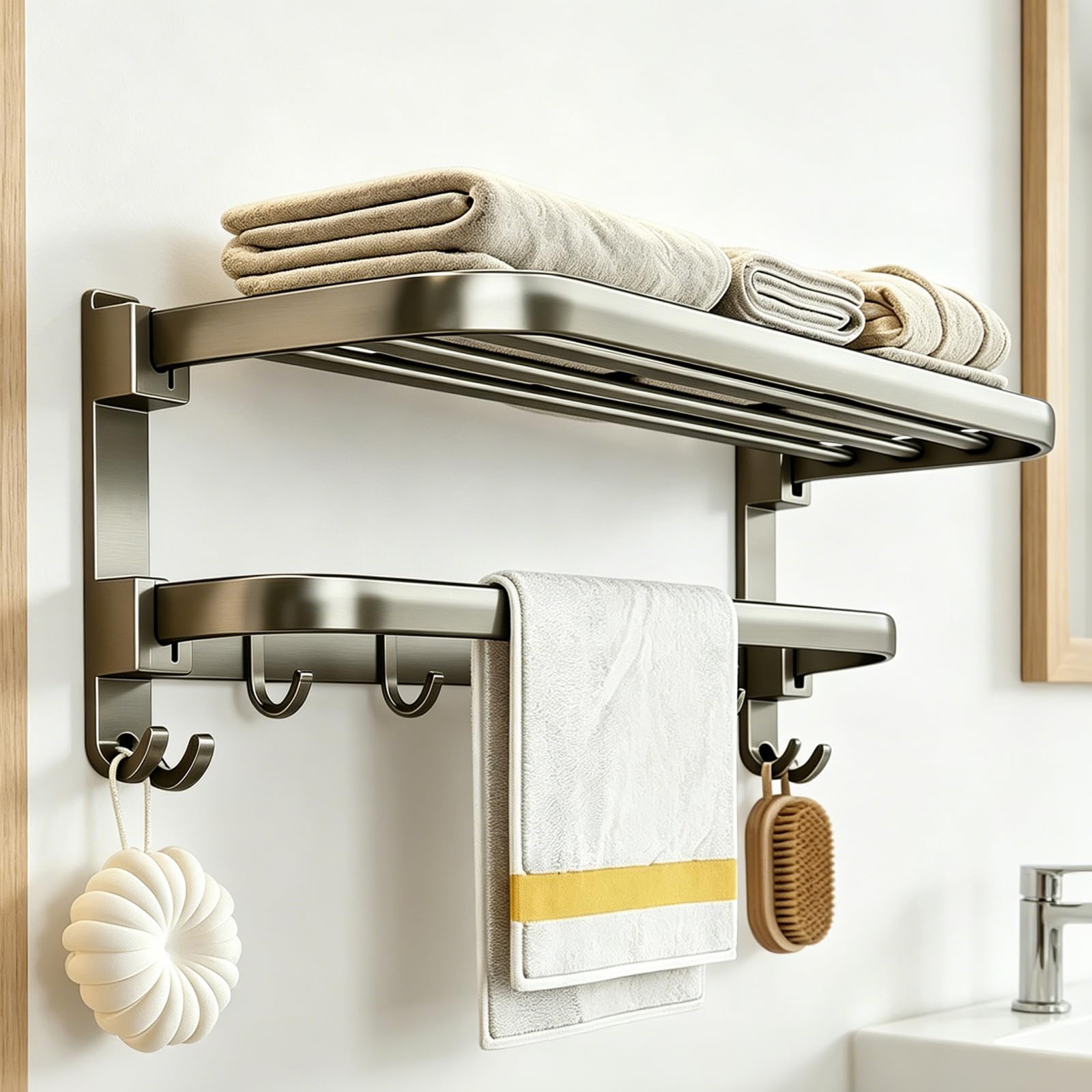 Wall Mounted Towel Rail, Adhesive Bathroom Towel Storage, Foldable Shelf With Hooks, For Bathroom, Kitchen Storage, Cloakroom, Laundry (Grey)
