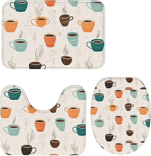 Miniatura 9 de Anti-Slip Floor Mat Set of 3 DDCXZPP Abstract Coffee Cup Printed U-Shaped Toilet Floor Mat, Tightly Attached, Absorbent & Durable, Thick &