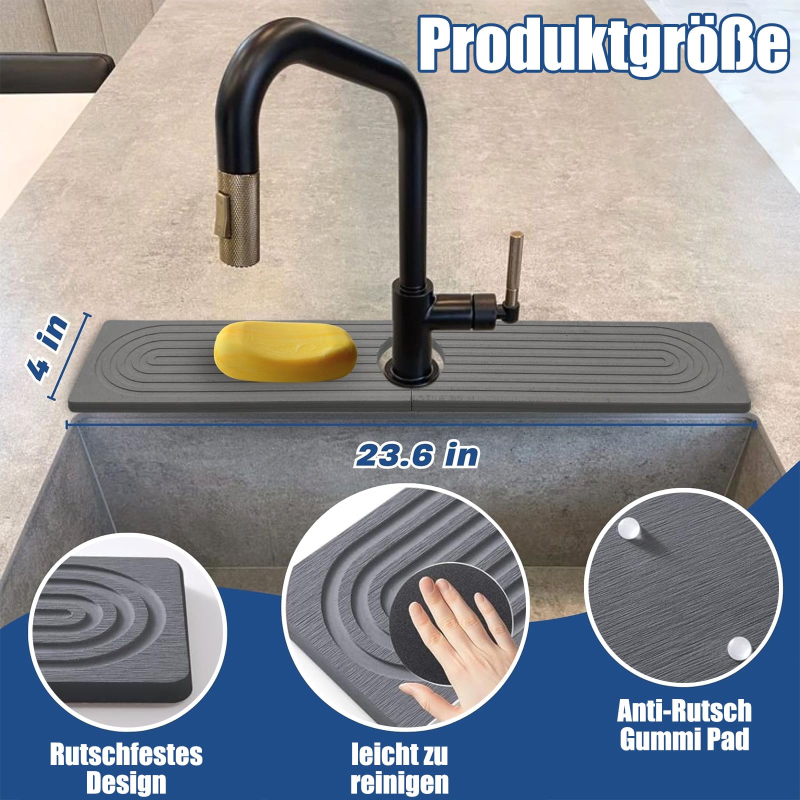 Tappetino Antigoccia In Pietra Di Diatomite 60x10 Cm – Paraspruzzi Per Rubinetto A Forma Di U Con 2 Sottobicchieri Inclusi