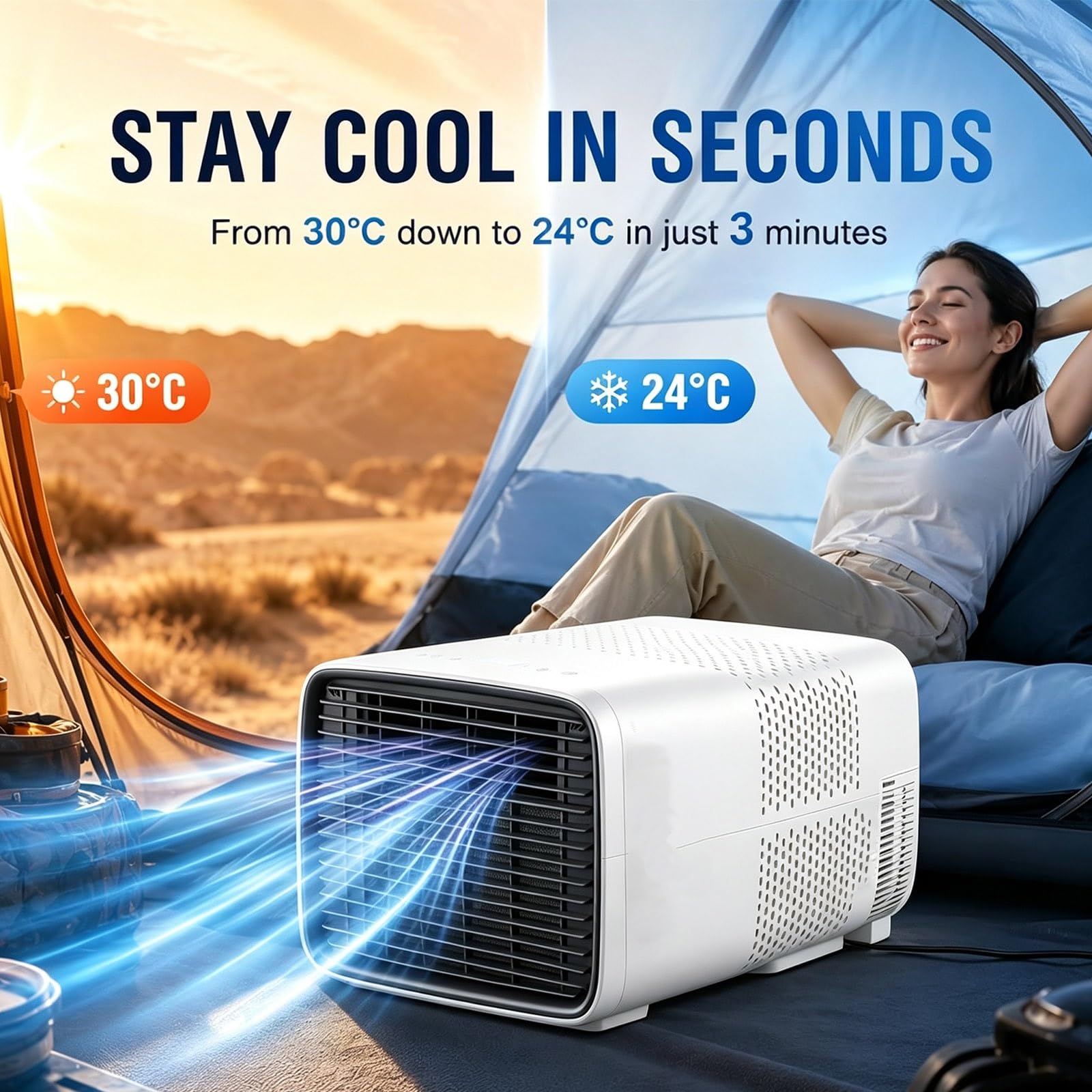 Mobilny Klimatyzator Namiotowy Gotowy do Pracy, Mini AC Unit 280W z Rura Wylotowa i Wezem Odplywowym, Niezalezny Tryb Suchy do Wilgotnej Przyczepy Kempingowej, Wentylator Chlodzacy