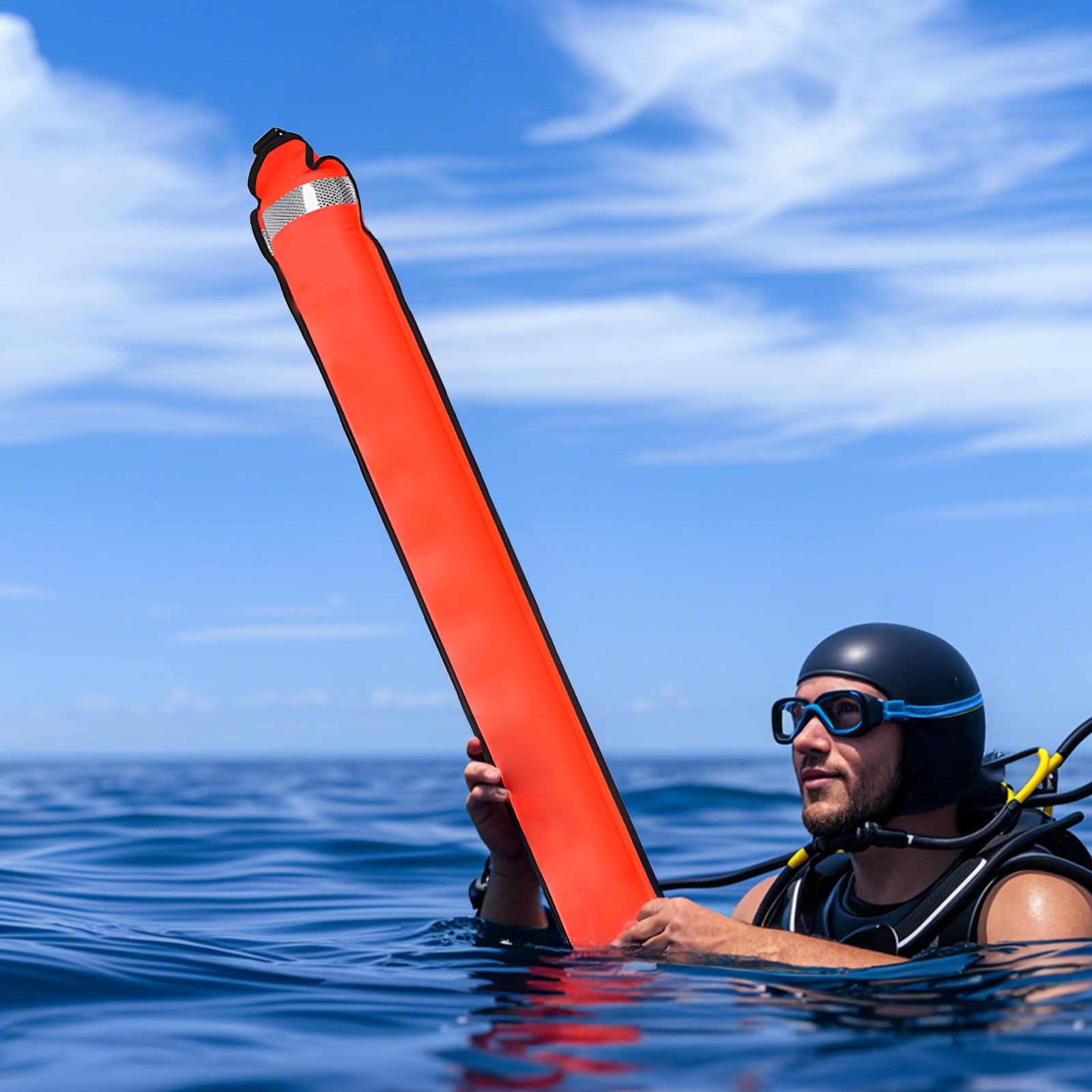 Marcatore di superficie per mulinello da immersione, ARA SMB con design arancione ad alta visibilità da 1,8 m x 17,8 cm, valvola di gonfiaggio orale, strisce riflettenti, scritta DIVER BELOW per