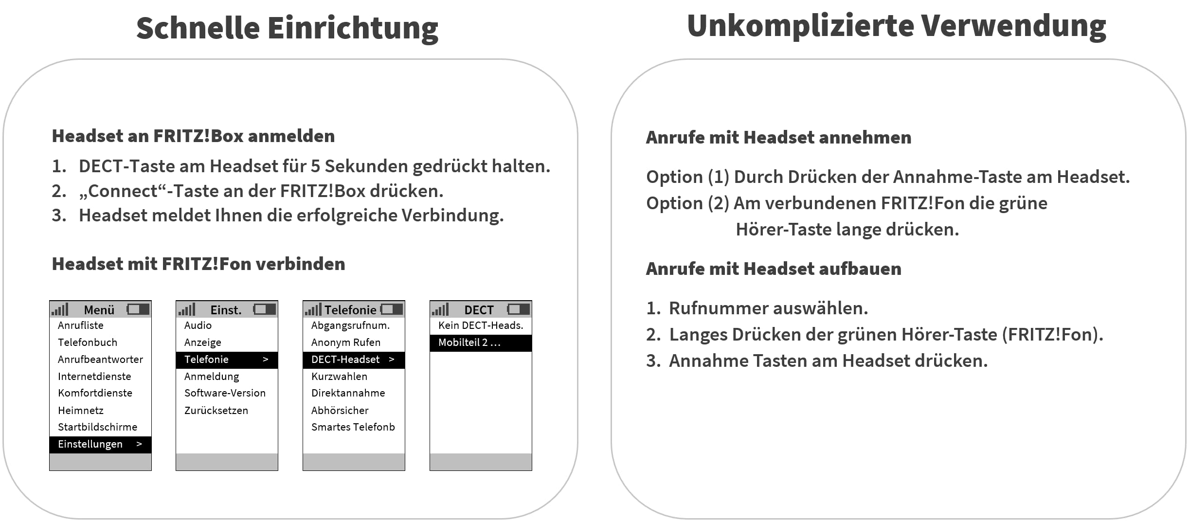 GEQUDIO GC-1 DECT & Bluetooth Headset für AVM FritzBox - Kabellose Anrufsteuerung am FritzFon - Mono Kopfhörer für PC & Smartphone - HD Audio, Schwarz/Grau