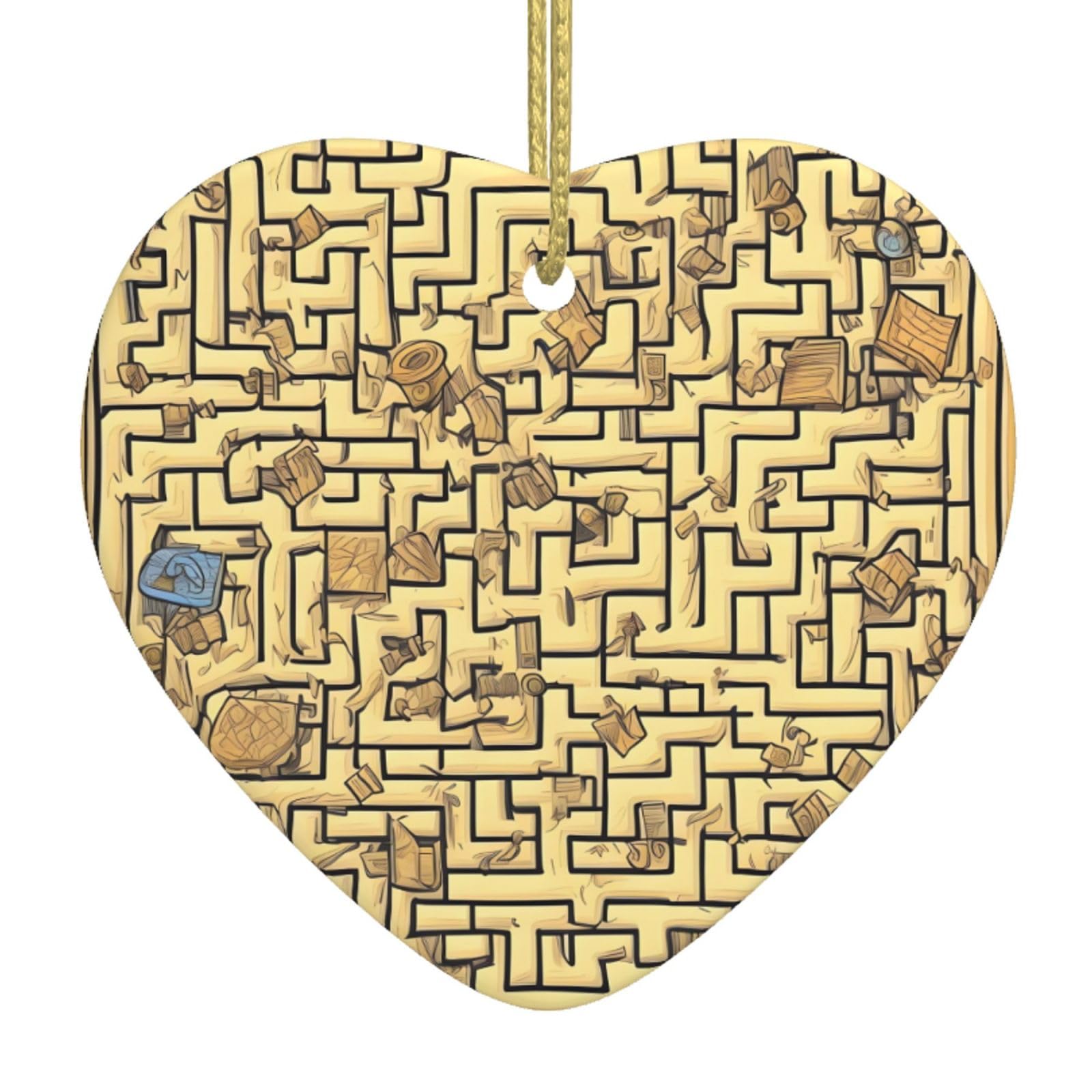 Treasure Maze Ceramic Christmas Heart Pendant with Silk Thread, Christmas Tree Home Decoration