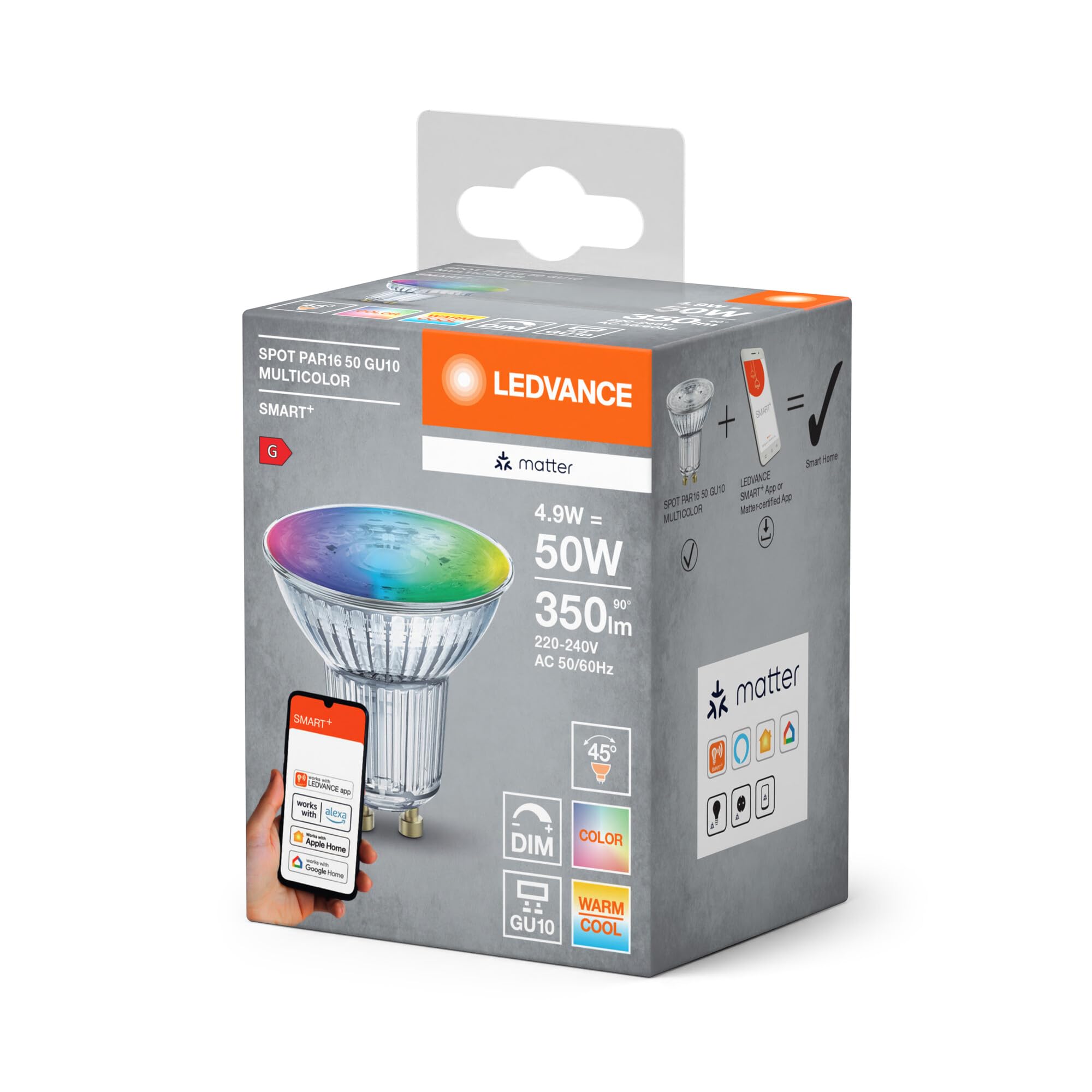 LEDVANCE SMART+ MATTER Lámpara reflectora LED, compatible con Google, Alexa, Apple, cristal, 4,9W, 350lm, GU10, función RGBW y luz blanca, app o control por voz, vida útil de hasta 20.000 horas