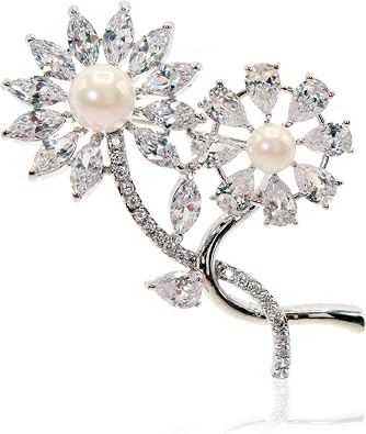 Flower Shape Brooch Pin - CZ Stones & Pearl White Gold Perfect for Weddings Bridal Parties Ideal for Daily Wear Formal Fashion Look for Women