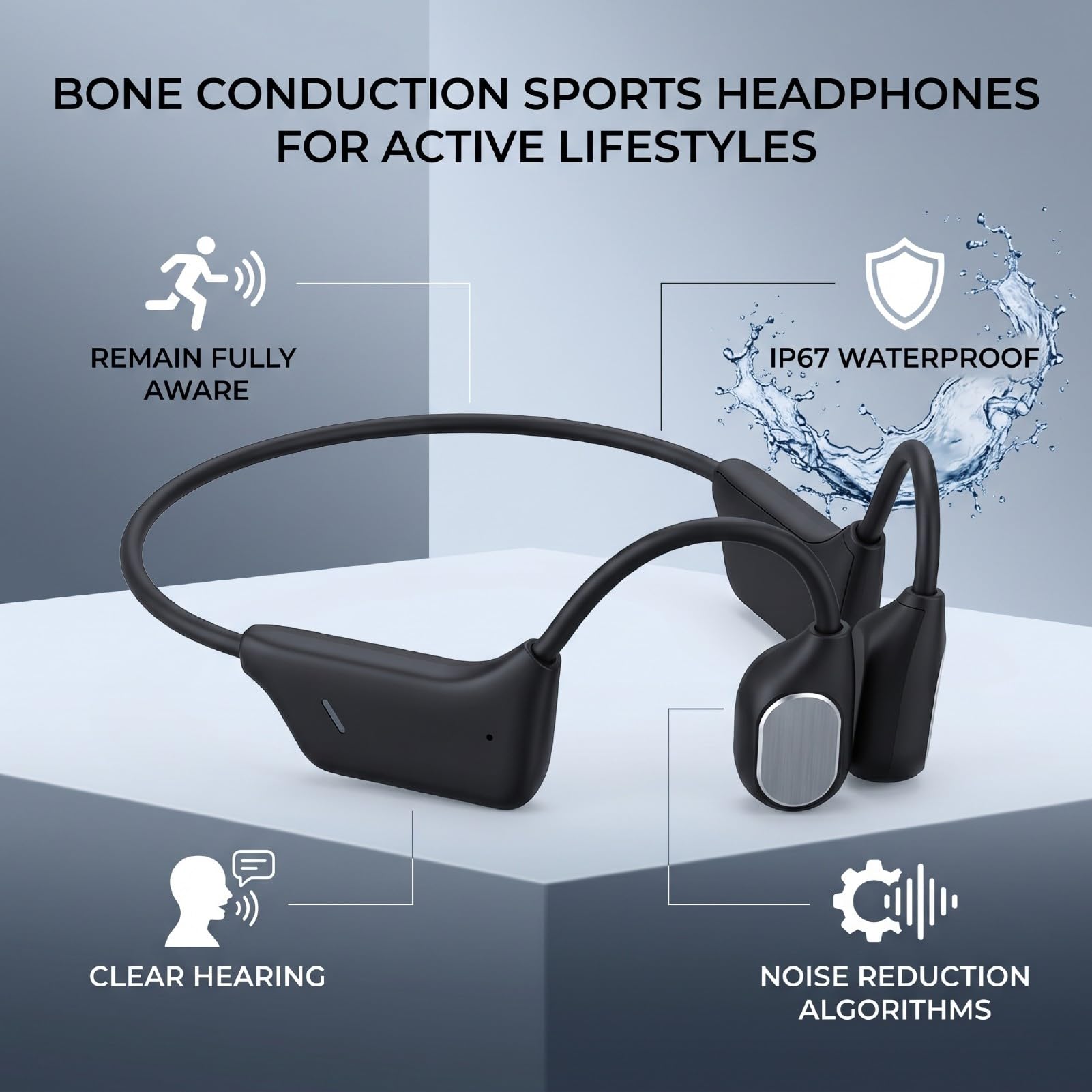 Cuffie a Conduzione Ossea, Cuffie Auricolari Aperte Wireless Bluetooth 5.4 Impermeabili IP67, Cancellazione del Rumore per Sport, Corsa, Allenamento in Palestra