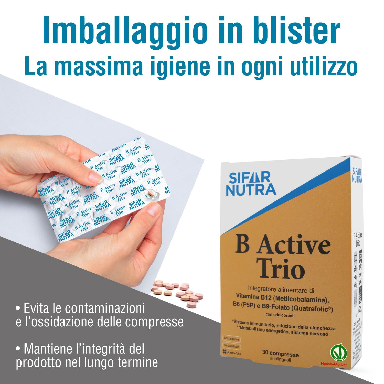 Sifar Nutra B Active Trio | B12 (metilcobalamina), folato e B6 (P5P) | vegano | assorbimento elevato| l'immunità stanchezza funzione psicologica |90 compresse sublinguali (3 Confezioni)