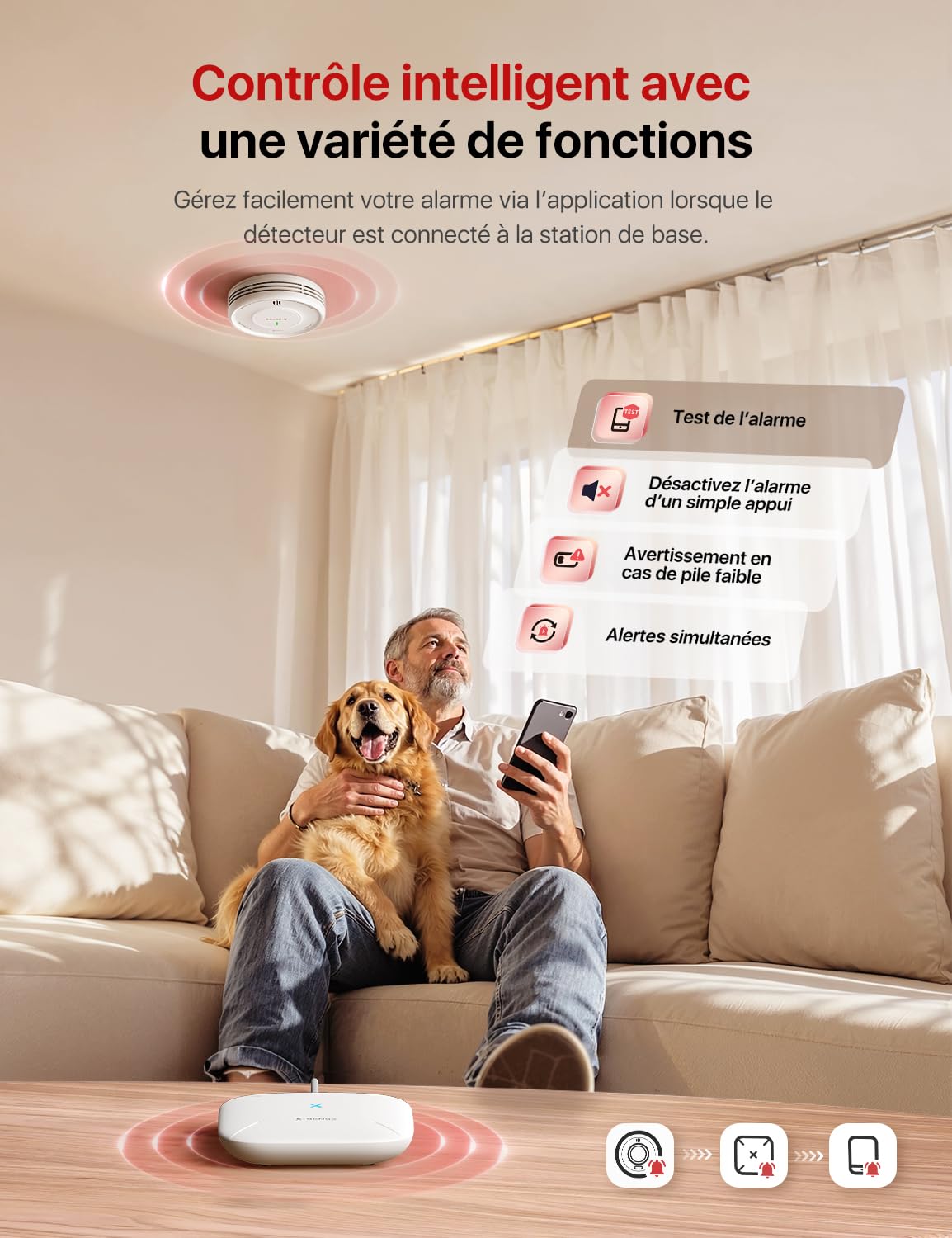 X-Sense Détecteur de Fumée Connecté avec Station de Base SBS50 avec Pad Adhésif Magnétique, Alarme Incendie Intelligent avec Durée de Vie de 10 Ans et Batterie Remplaçable, Fonction APP, XS0D-MR61