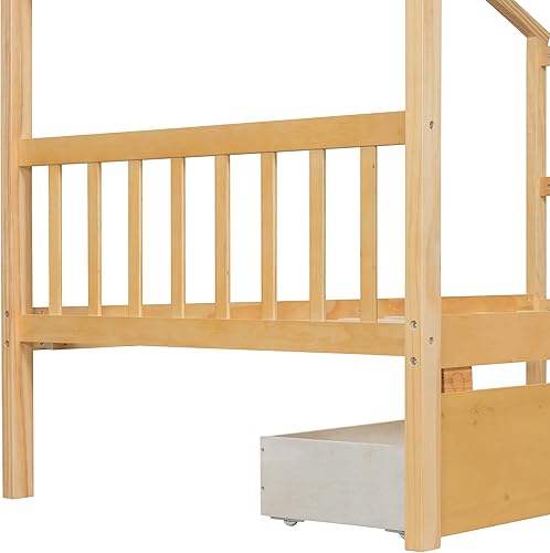 Miniatura 84 de Cama individual de casa con nido para niños, cama individual de madera con techo, marco de cama de plataforma de tamaño individual, cama con dosel