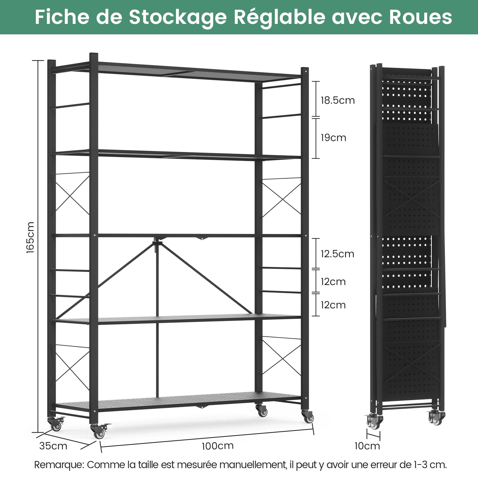 ALANNG Étagère Pliable 200kg - 100cm Largeur, 5 Niveaux Étagère Métallique Réglable & Amovible Noir, Montage sans Outil - Étagère Pliable Mobile pour Cuisine Bureau Cave -165x100x35cm