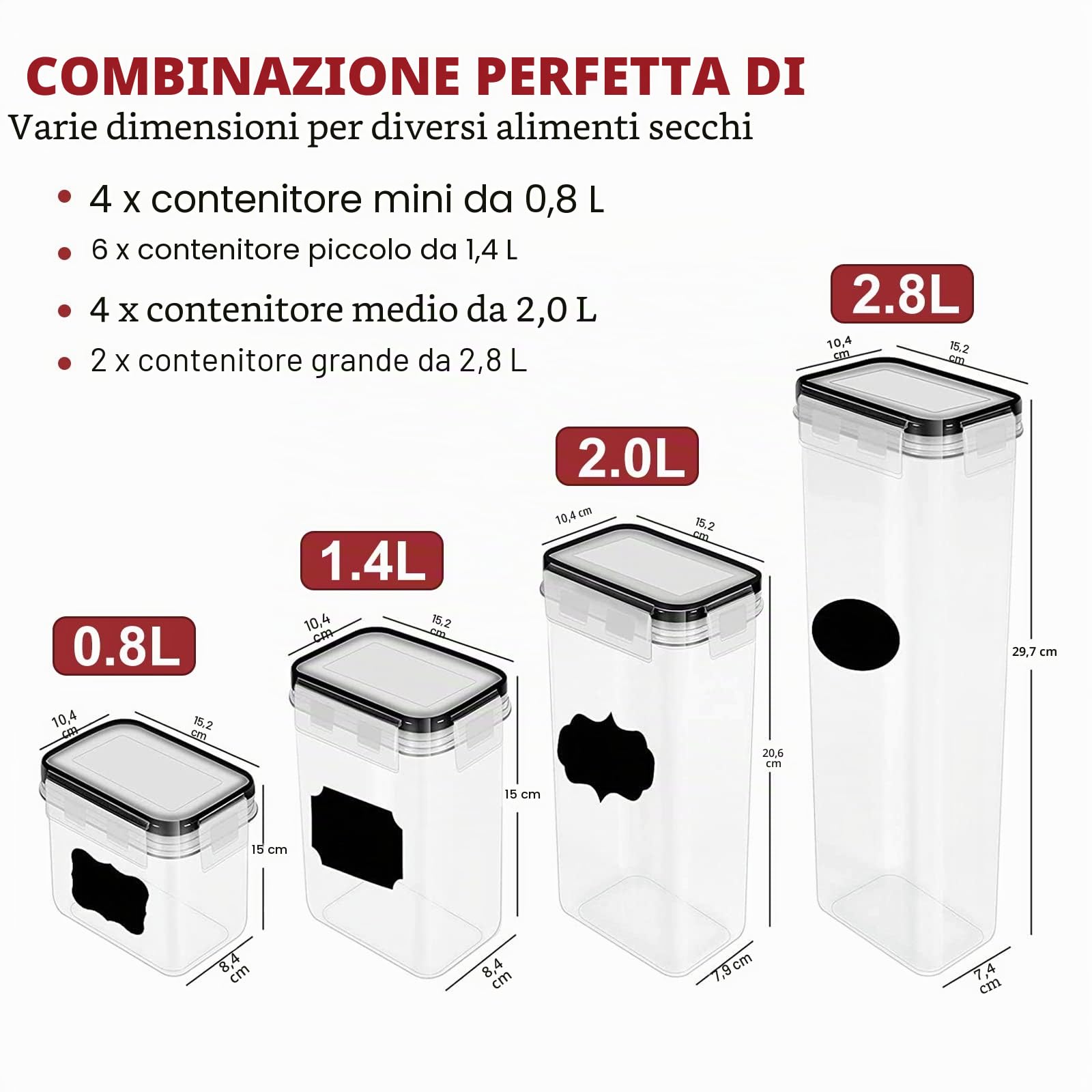 Contenitori Ermetici per Alimenti e Cereali, Set 16 Pezzi, 4 Taglie, Senza BPA, per Pasta, Farina, Zucchero, in Plastica con Coperchio e Etichette, Cucchiaio