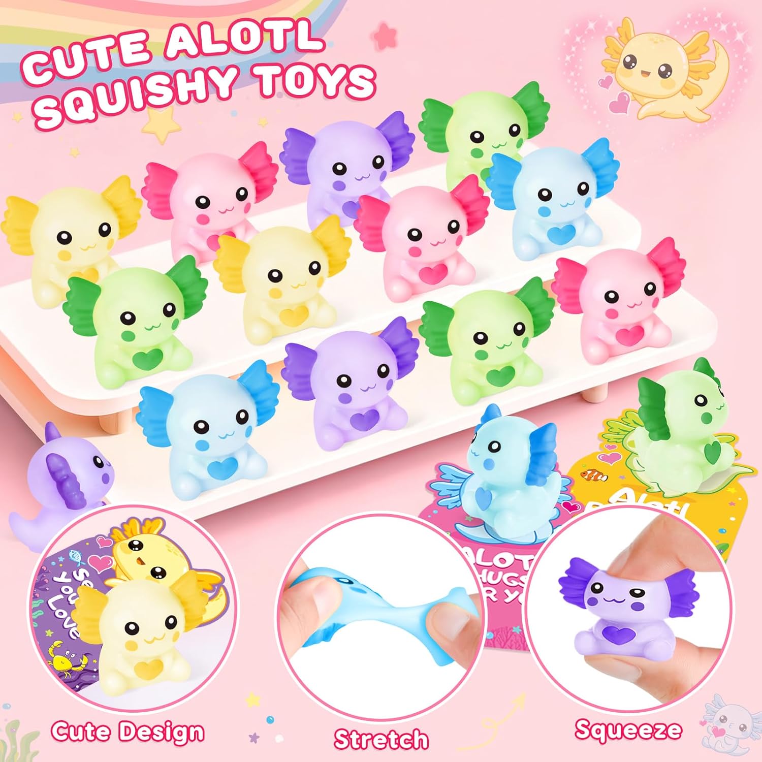 30 Pack Valentines Day Gifts for Kids School, Valentines Cards for Kids Classroom, Valentines Party Favors with Axolotl Squeeze Toys, Ideal Exchange Gift and Class Prizes for Boys Girls