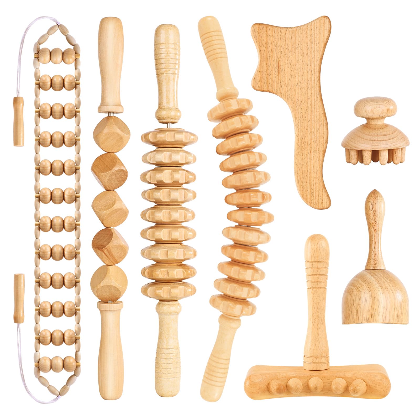 Yofuly Lot de 8 rouleaux de massage professionnels pour thérapie en bois, pour sculpter le corps, drainage lymphatique, soulagement des douleurs musculaires, anti-cellulite