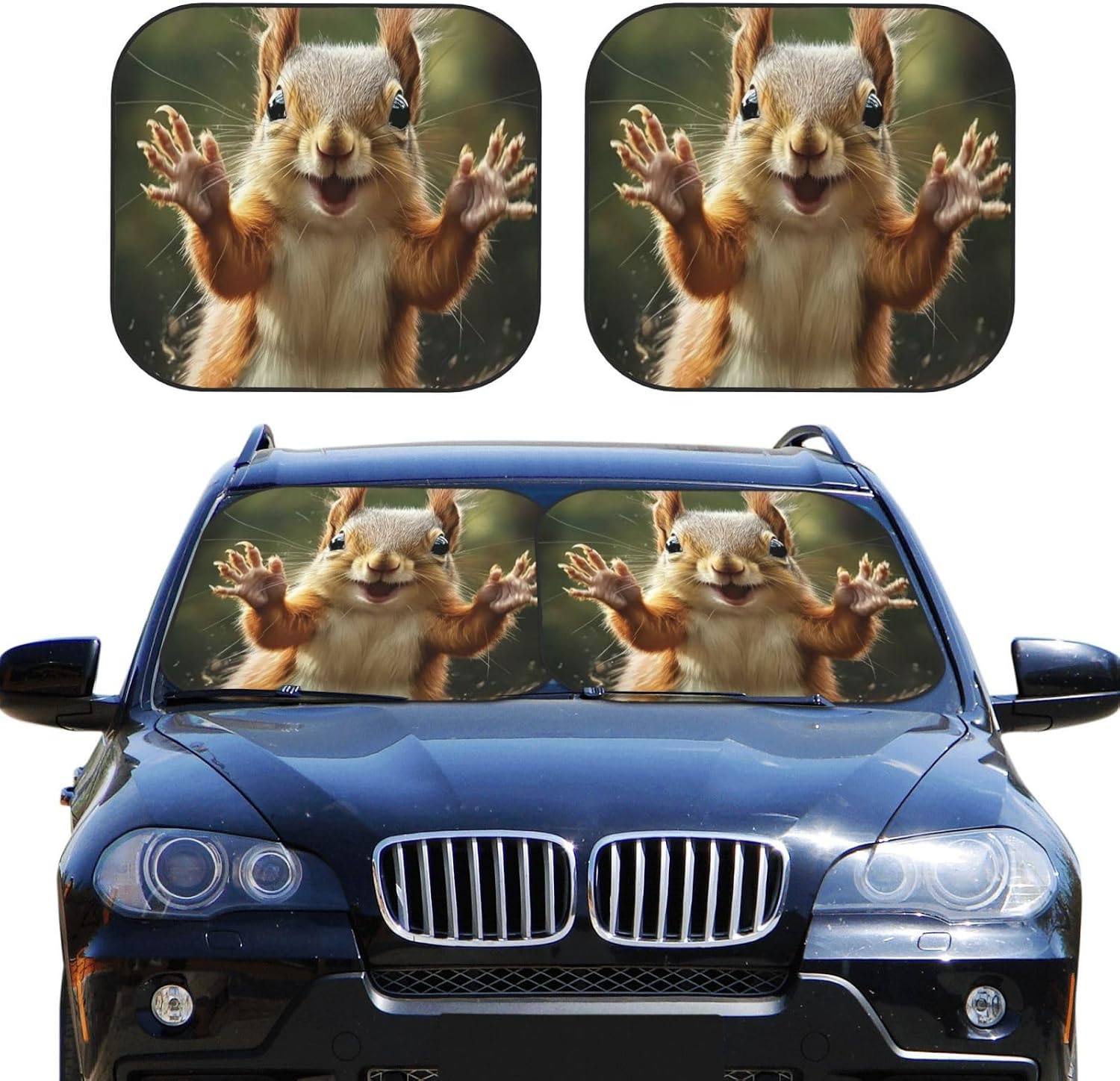 KiuLoam 2 Piece Car Windshield Sun Shade, Squirrel Funny Animal Meets Print Sunshades Sun Visor Protector Blocks UV Rays Foldable Keep Your Vehicle Cool for Most Sedans SUV Truck, Medium