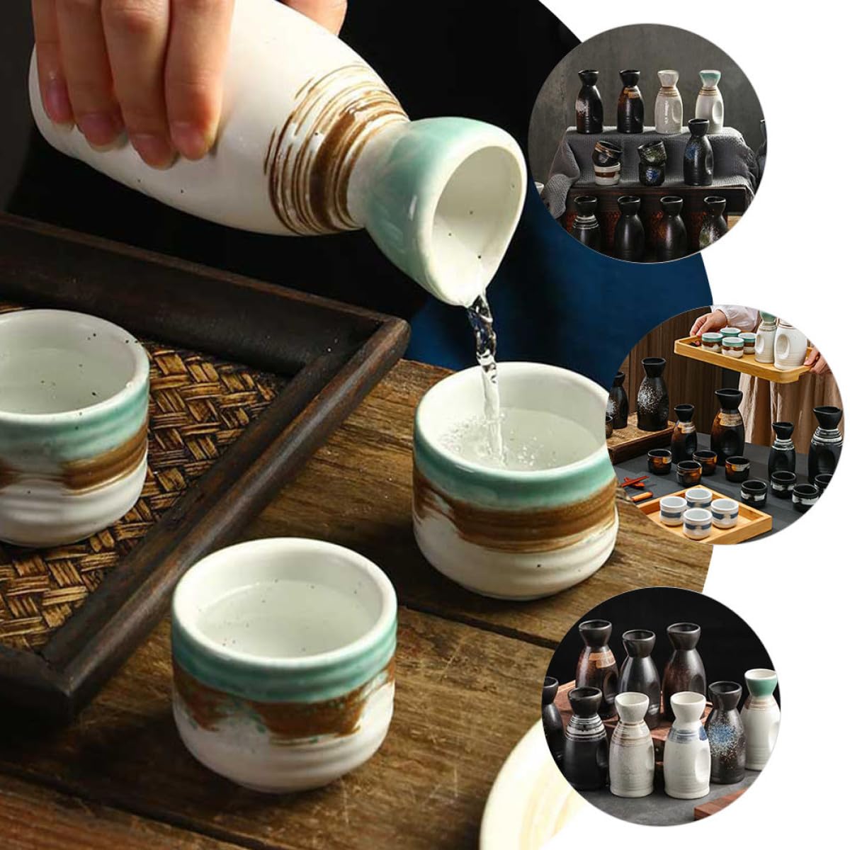 Juego de Sake Japonés de Cerámica Verde 1 Jarra 4 Tazas Delicadas para Servir Licor Tradicional, Kit de Tazas para Sake para Hogar y Entretenimiento, Set Obsequio para Ocasiones