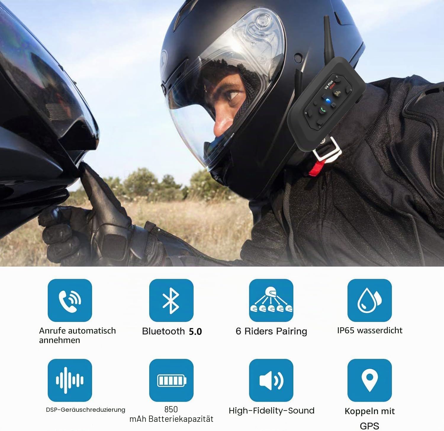 QSPORTPEAK V6 Plus Motorrad Intercom Bluetooth Headsets, 1200M bis zu 6 Fahrer Motorradhelm Interphone Gegensprechanlage Kommunikationssysteme, GPS, Freisprechen, Bluetooth 5.1, 2 Stück