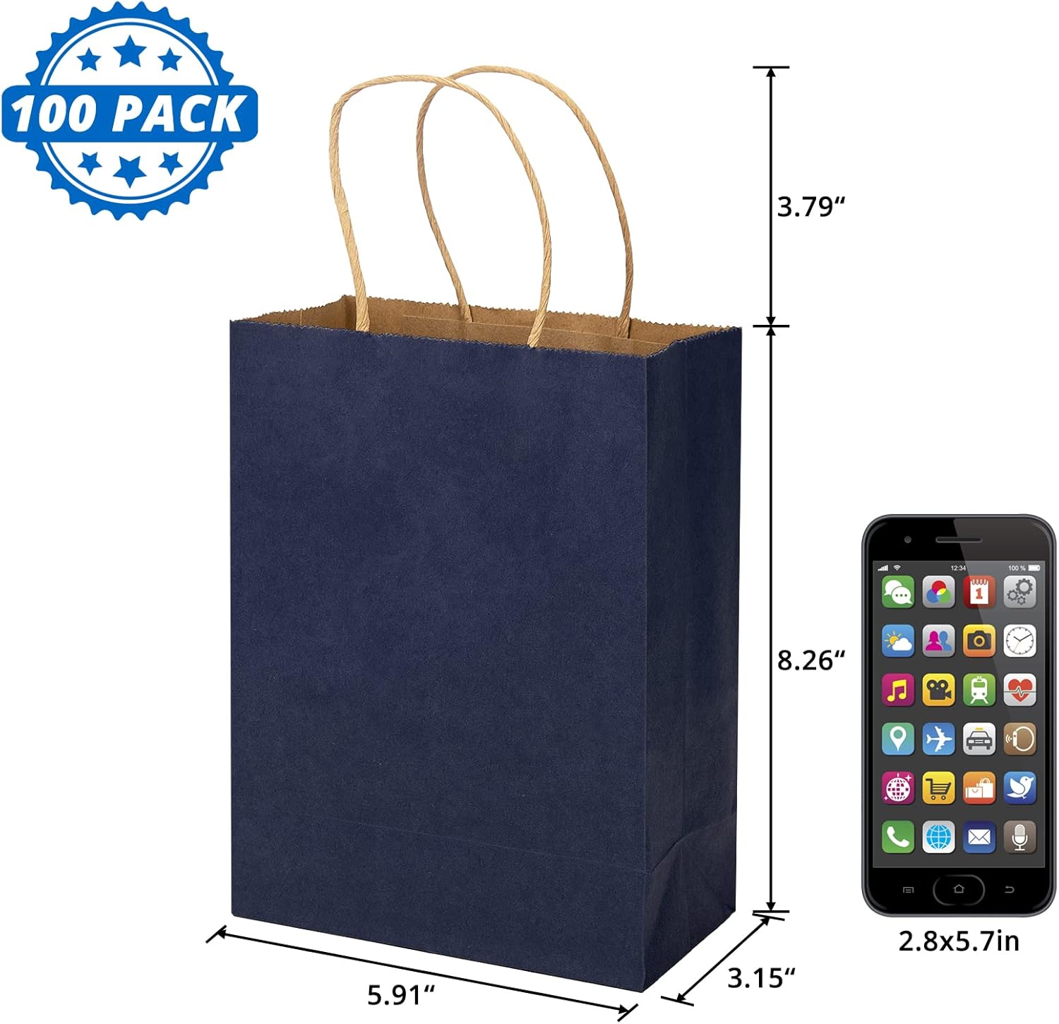 100 Pack 5.9x3.15x8.26 inch Small Gift Bags, Kraft Dark Blue Bags with Handles Bulk for Birthday Party Favors,Gift Paper Bags,Retail Shopping Business Goody Craft Gift Bags - Image 2