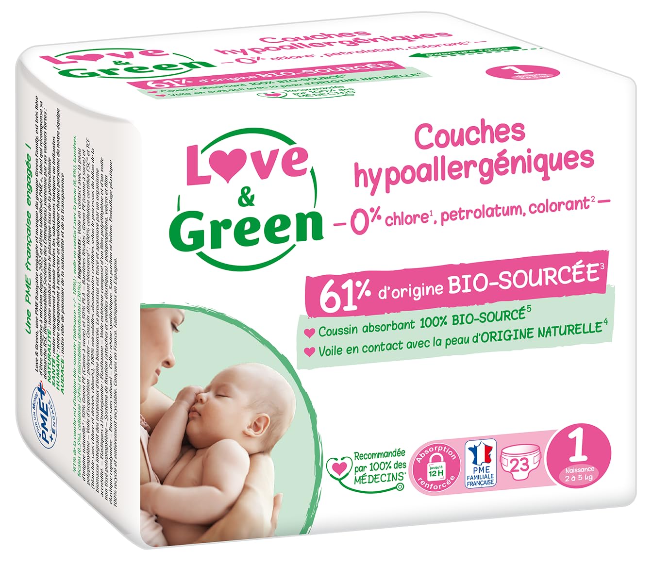 Love & Green - Couches Bébé Saines et Ecologiques - Taille 1 (2-​5 kg) - 23 couches - Absorbante, anti-​fuites et sans ingrédients indésirables