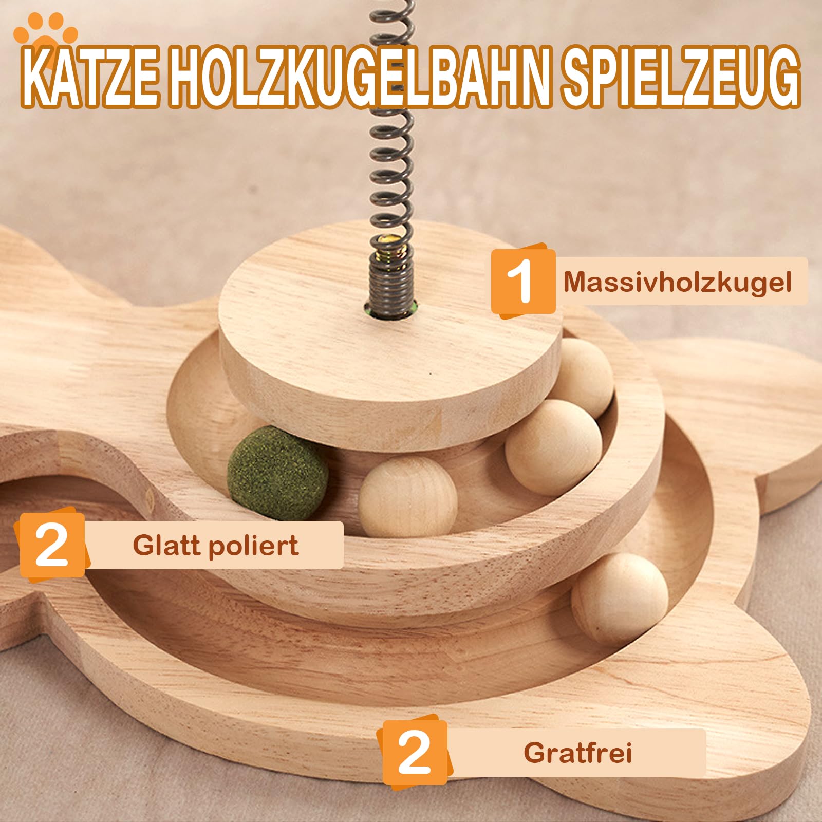 4 IN 1 Kratzsäule für Katzen, Hölz Katzenkratzbaum Sisalseil Katzenspielzeug mit Hängendem Ball, Leckerli Ball, Lagiger Drehteller, Futterkugel Intelligenzspielzeug für Wohnungskatzen