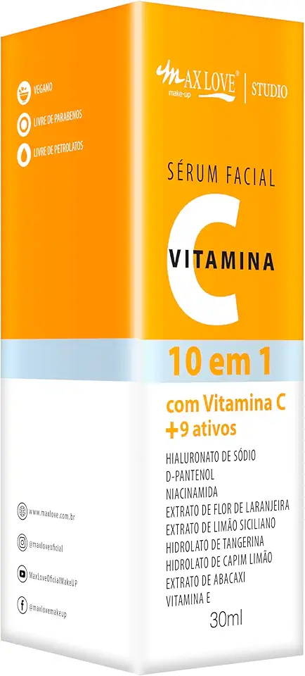 Max Love Sérum Facial Vitamina C, 10 em 1, Pele Hidratada, Macia e Iluminada, 30ml