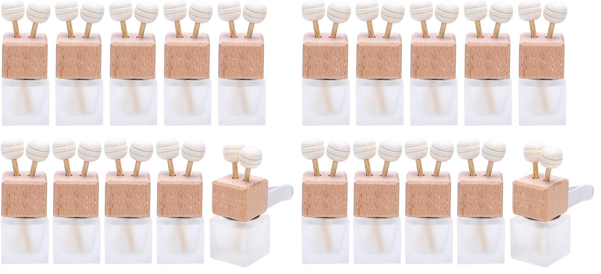20 Pack,8ml Matte Glass Car Air Freshener Perfume Clip Diffuser,Empty Essential Oil Perfume Vials Diffuser Vent Outlet,Thick Glass Ornament with Wooden Caps,Free Funnel,Dropper