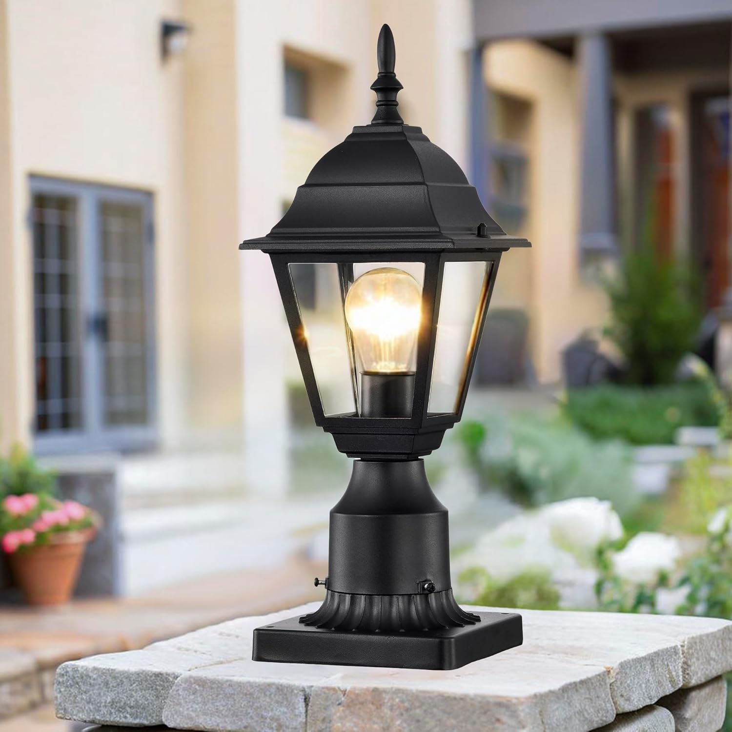 Outdoor Post Lights 2 Pack Waterproof Outside Post Lantern with 5.9’‘ Pier Mount Base Exterior Pillar Lantern Outside Lamp Post Light Fixture with Matte Black Aluminum and Clear Glass