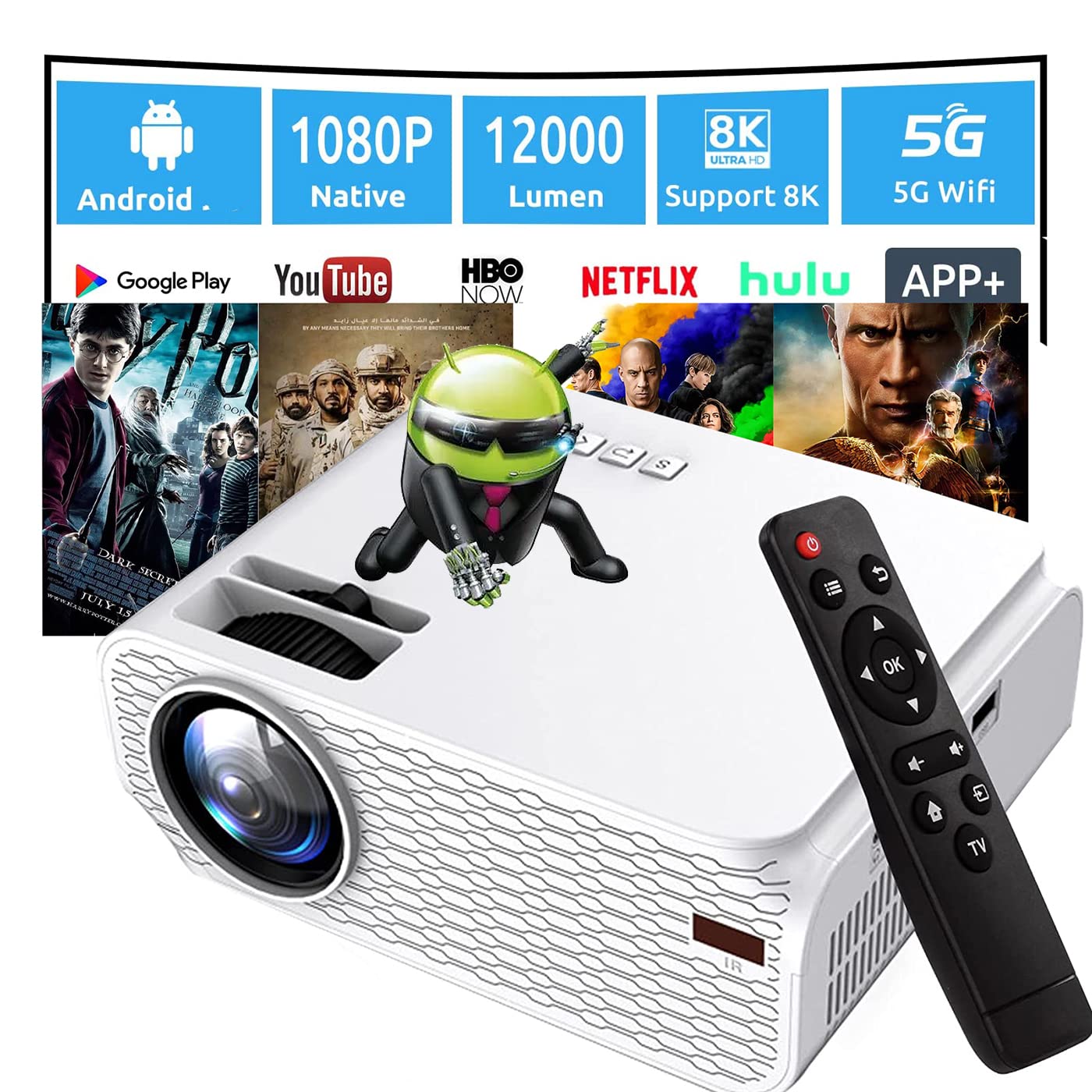 Video Projector With Android10 System Software Download, 5G/2.4G WiFi&Bluetooth, Support 4K Portable LED Movie Projector, Compatible With Windows/TV/iOS/Android Stick/USB