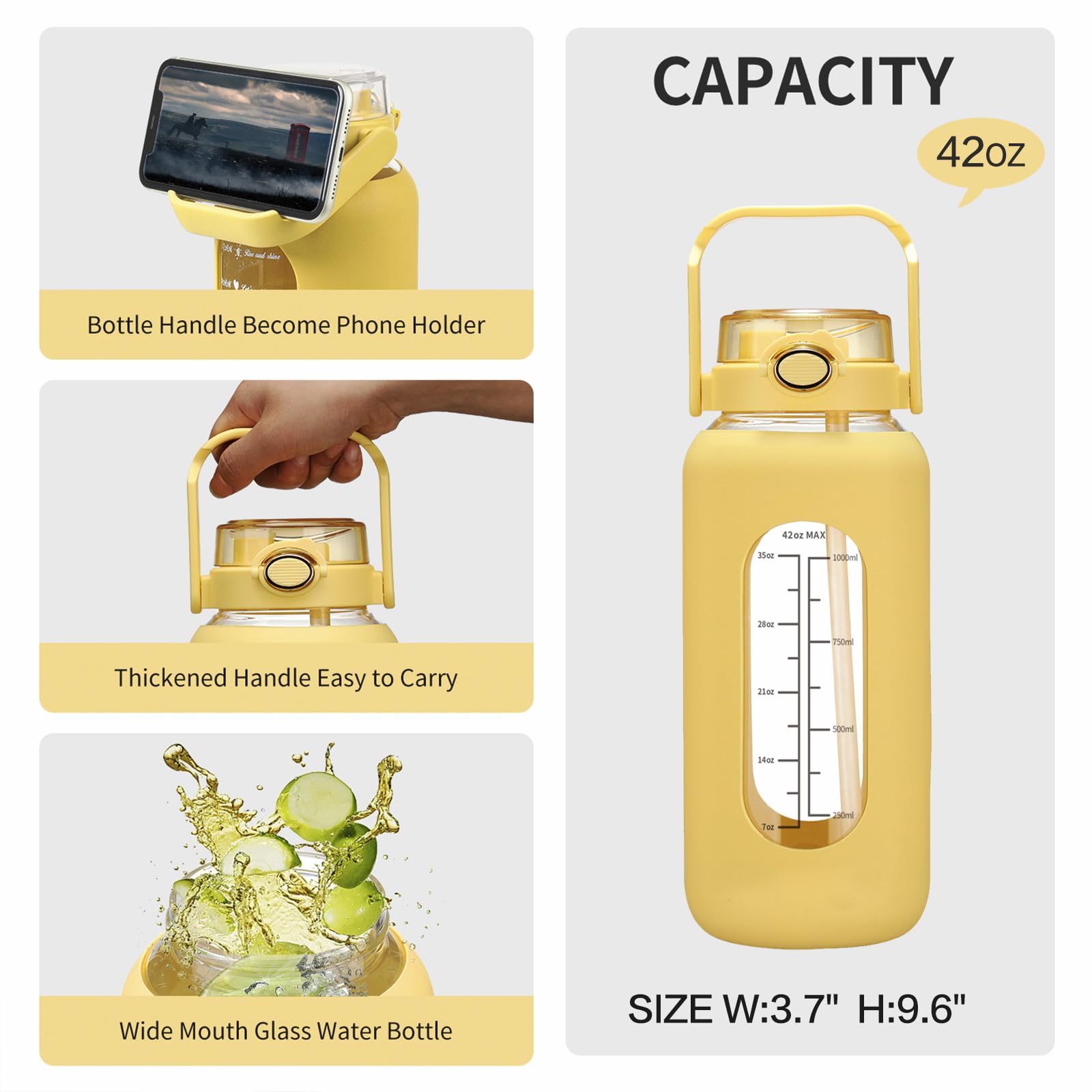 chunmo 1,2 l große motivierende Wasserflasche mit Zeitmarkierung, Sport-Wasserflaschen mit Silikonhülle und Griffdeckel, Wasserkrug für Fitnessstudio, Workout