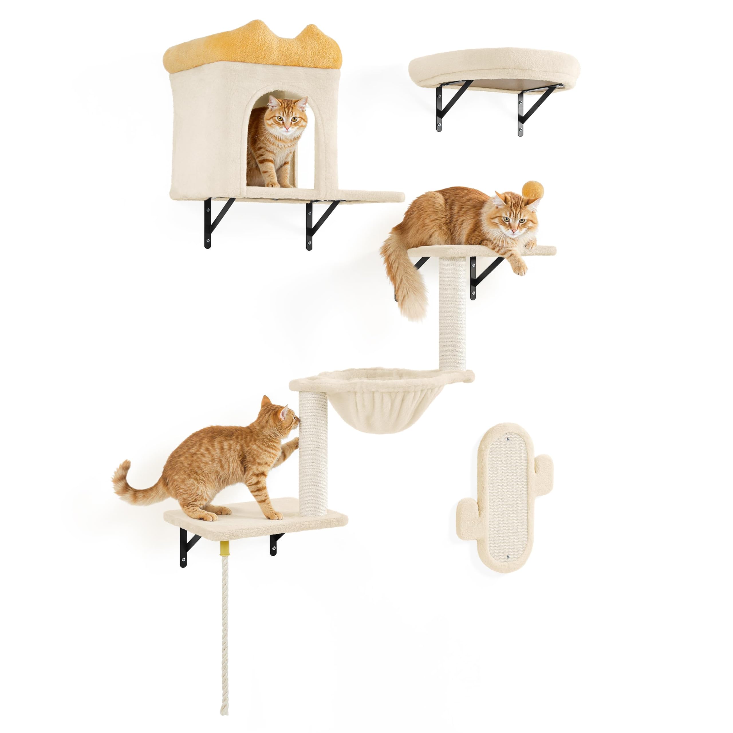 Parete da Arrampicata per Gatti, Set di 4 Mensole da Parete con Tiragraffi, Casetta, Cesta e Palla Sospesa, Mobili da Parete per Gatti in Peluche per Dormire e Giocare, Beige