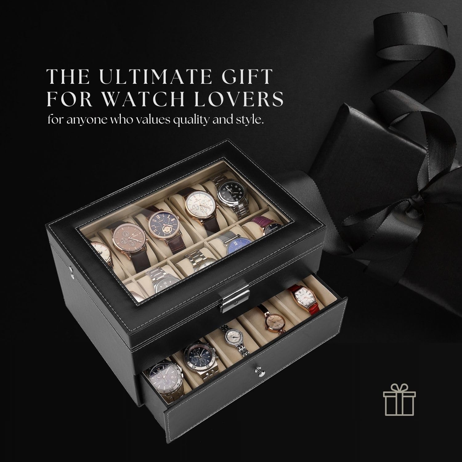 Flexzion Caja organizadora de relojes para hombres y mujeres, caja de almacenamiento de relojes con 20 ranuras con pantalla de cristal superior y almohadas extraíbles en cada ranura, fundas de reloj