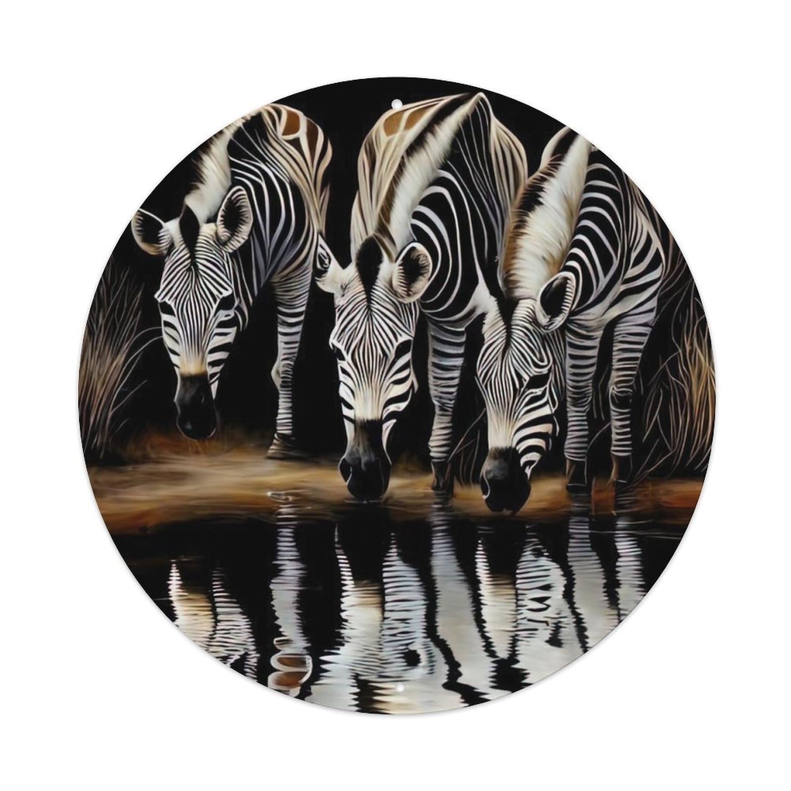 Animal Artwork Three Drinking Zebras Vintage Metal Tin Sign Plaque Wall Decor for Cafe, Club Bar, Office, Garden Metal Poster 8x8Inch