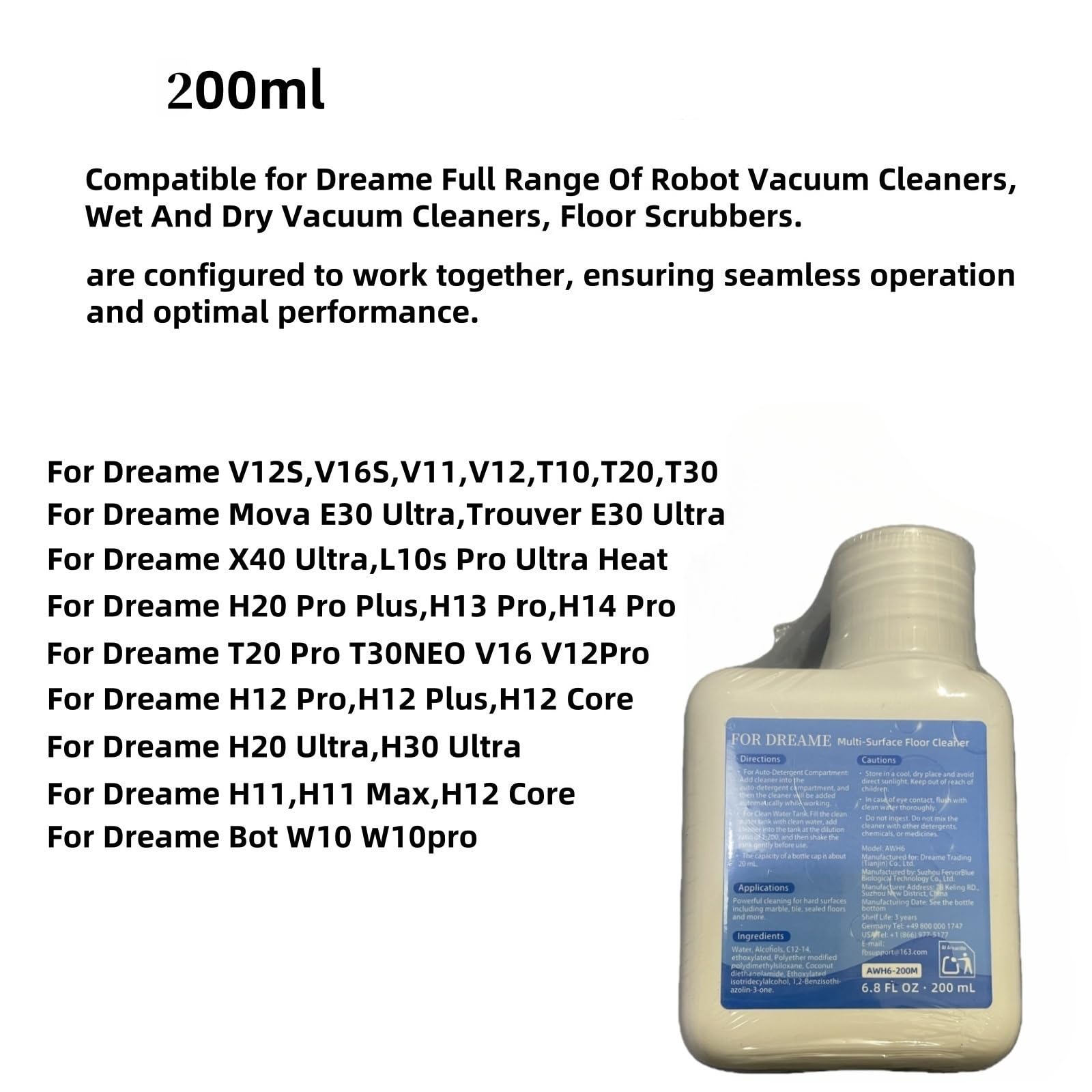 Detergente For Pavimenti Originale Da 200 Ml Compatibile Con Dreame V11/V12/T10/T20/T30/H11/H12/H13/H14/H16/H20/H30/X30/X40/X50/S50/XS30/L20/M13 Aspirapolvere(3 pcs)