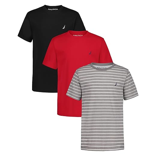 Nautica Boys' Short Sleeve Solid Crew Neck T-Shirt Multipack, Soft, Comfortable, Relaxed Fit