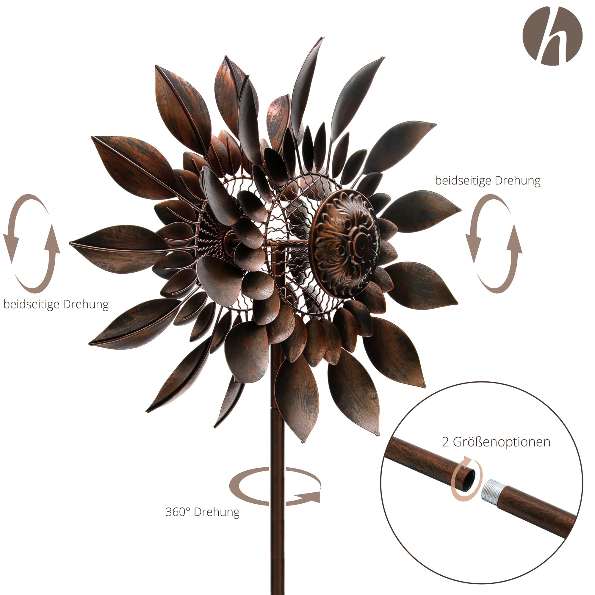 Windrad Windkamille 3D Optik Ø61cm. Windspiel für den Garten aus Metall. Windmühle mit Höhenverstellung dekorativ einzigartiger Blickfänger, wetterfest & UV-beständig Deko in Kupfer H: 187cm.