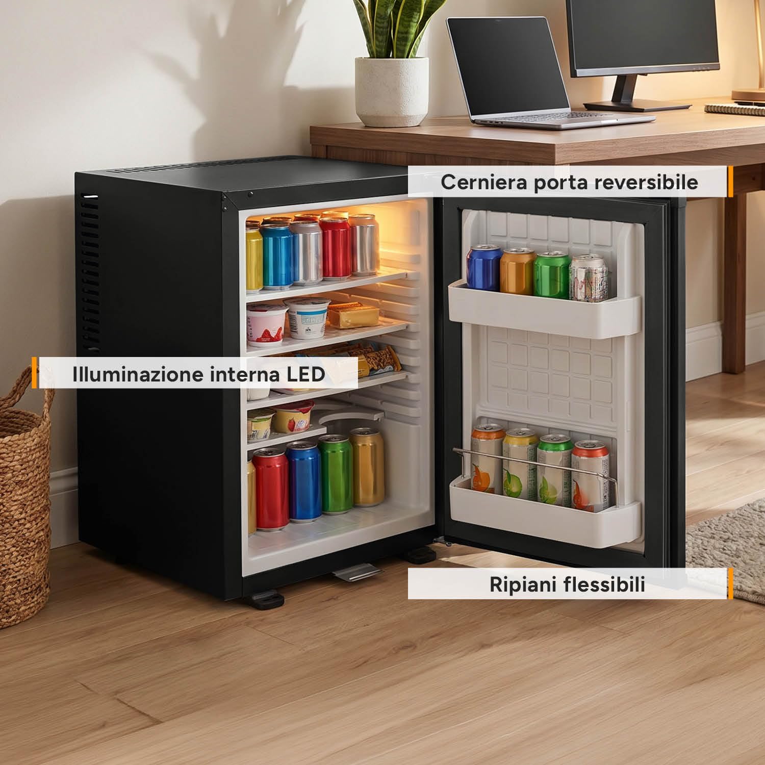 TZS First Austria - Mini Frigorifero 40L silenzioso - Piccolo Minifrigo con porta reversibile e luce interna - Minibar per campeggio, ufficio, camera da letto e hotel - Nero opaco