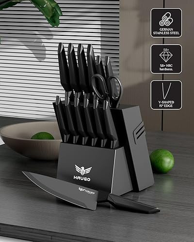 Miniatura 3 de Juego de cuchillos de cocina de 15 piezas con afilador integrado, cuchillos de cocina aptos para lavavajillas, juego de bloques de cuchillos de