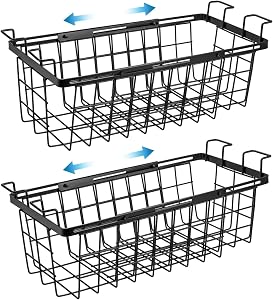 2 Pack Expandable Freezer Organizer Bins, Adjustable Wire Baskets for Chest Freezer, Deep Freezer Storage Bins with Hanging Handles, Expand from 15.6" to 24.3" (Black)