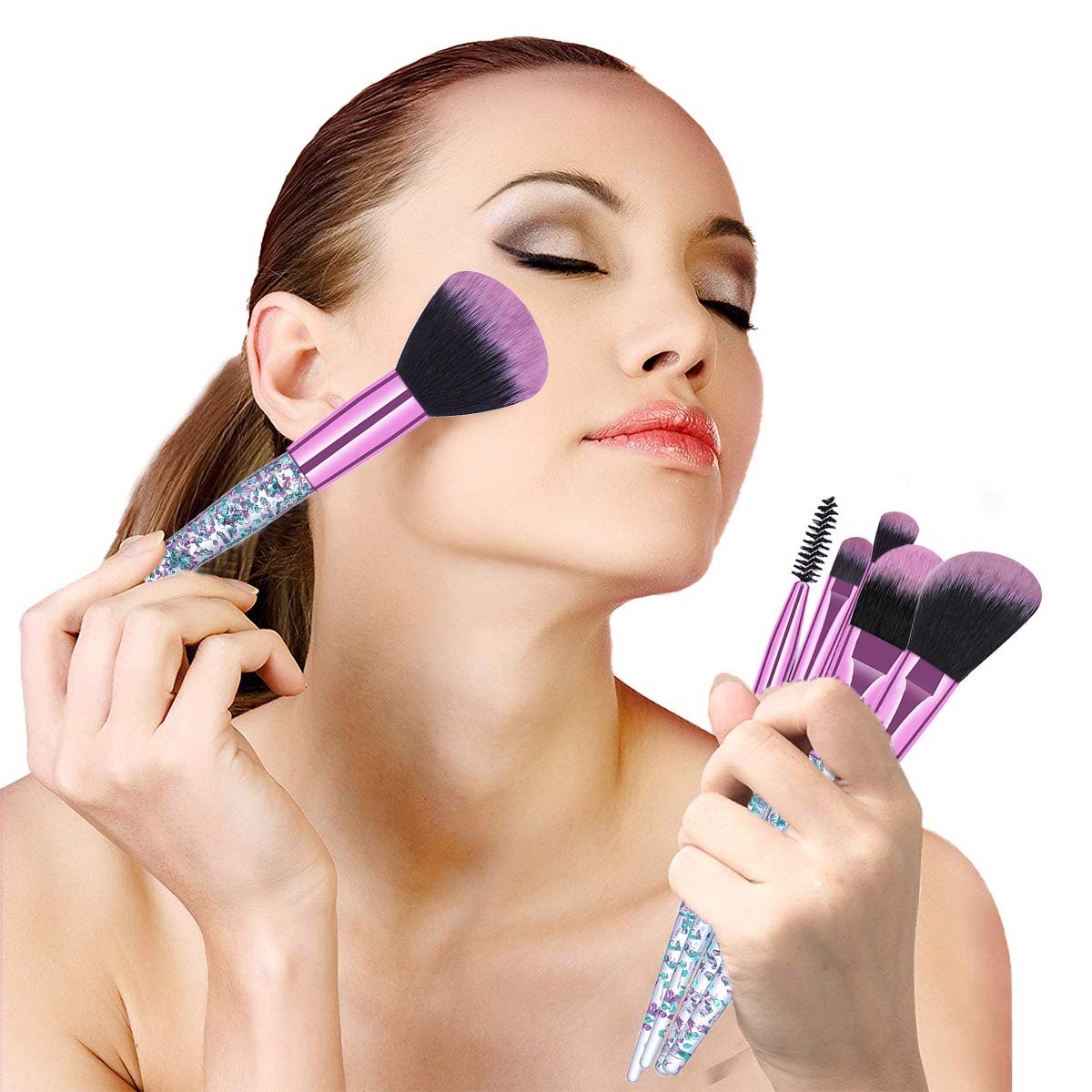 Kingtree Makeup Brush Set 10 PCS Stylish Glitter Handle Makeup Brushes Professional Face Powder Foundation Blending Blush Eye Shadow Eyeliner Lip Cosmetic Brush