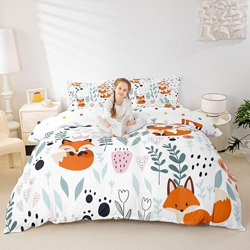 Vista 4 de Erosebridal Funda de edredón de zorro kawaii, juego de ropa de cama de zorro de dibujos animados, funda de edredón con 2 fundas de almohada para Fox