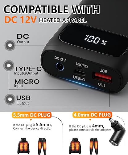 Miniatura 2 de ColdBye Paquete de batería 12V5A Max 15000mAh para chaqueta calentada, banco de energía recargable para tira LED, cámara CCTV y más con pantalla LED