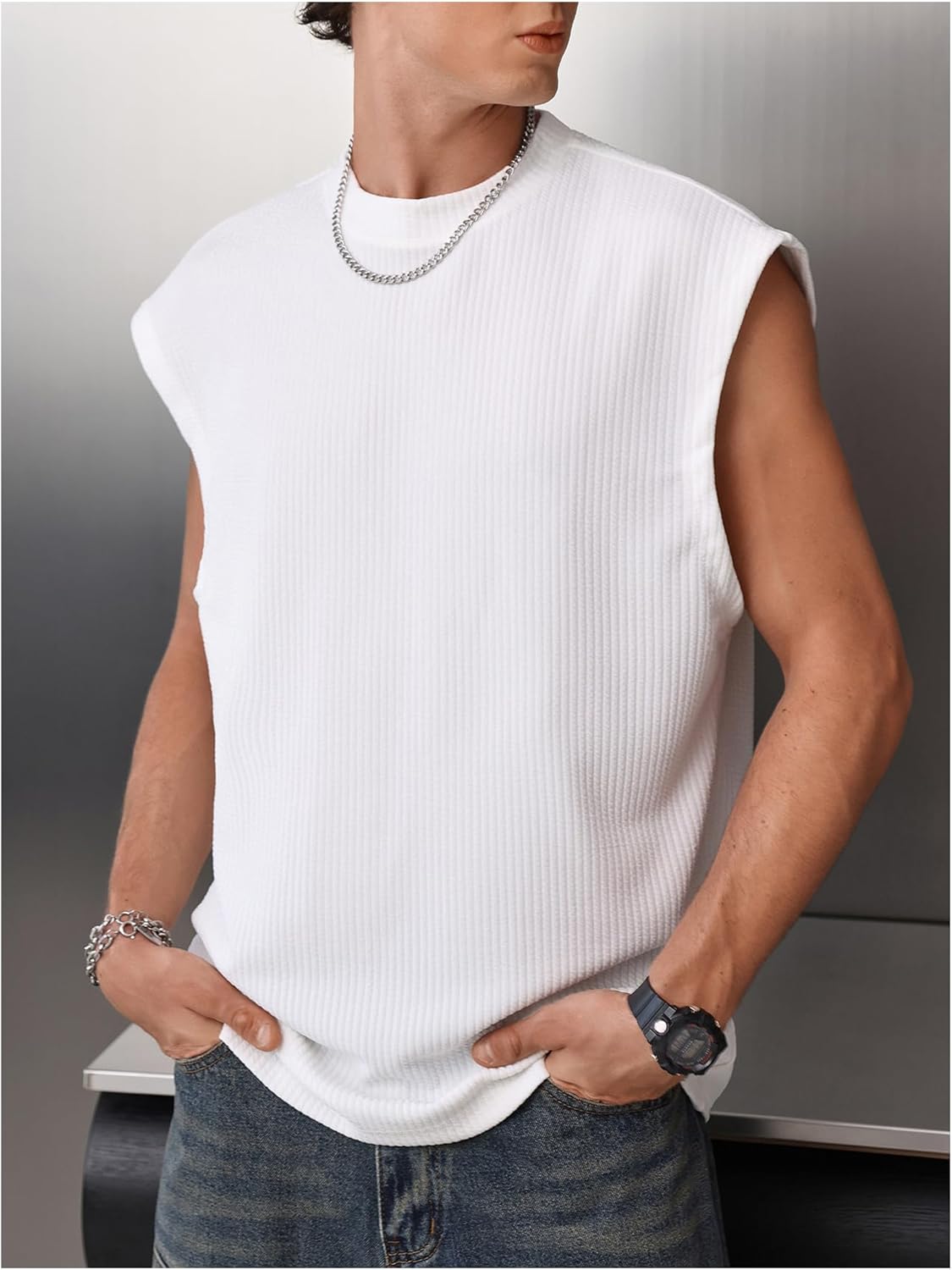 OYOANGLE Men's Ribbed Knit Workout Tank Top Crew Neck Sleeveless Muscle Shirts Basic Undershirts - Image 2