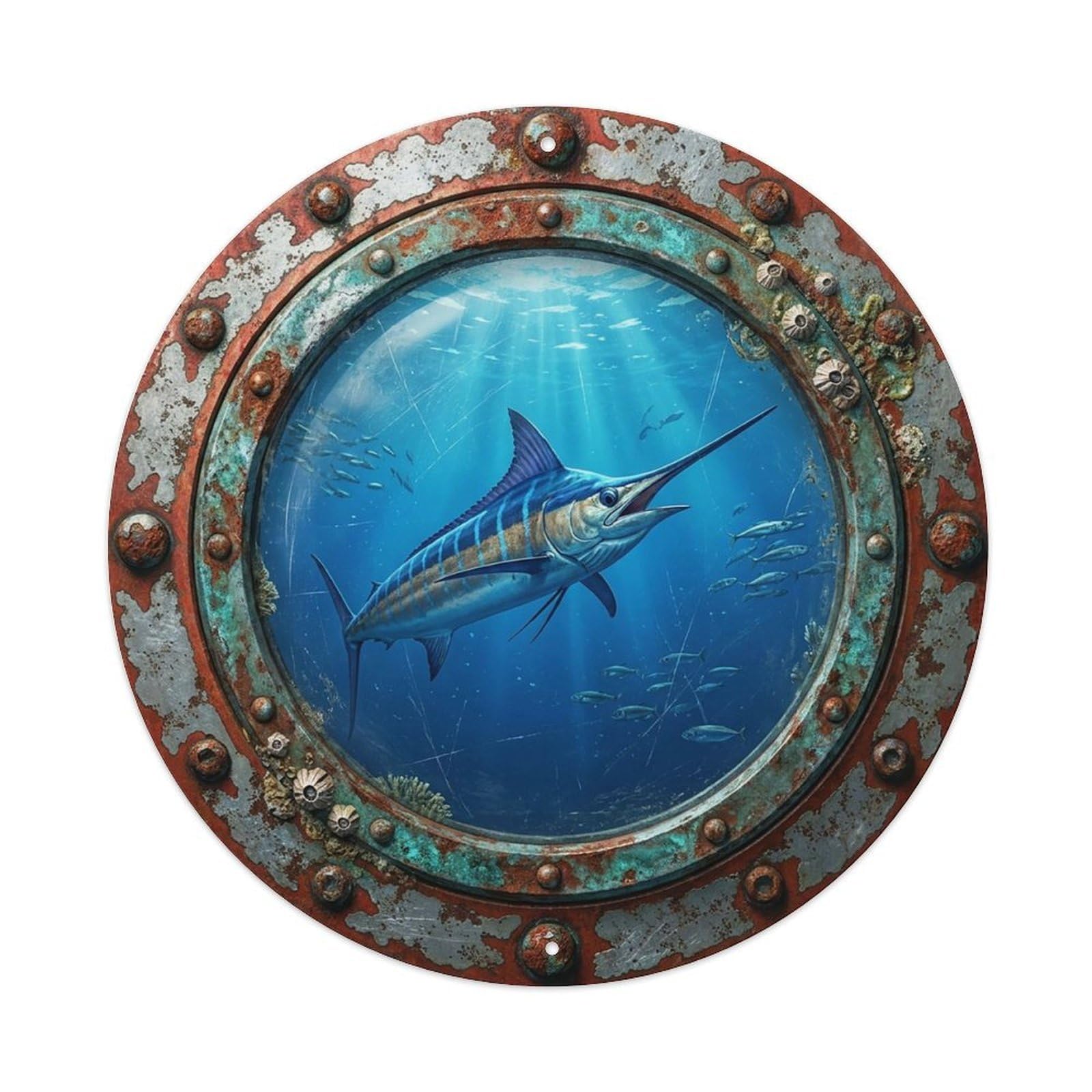 Gead 8X8inch Style Vintage Porthole Marlin Fish Nautical Window View Metal Tin Sign