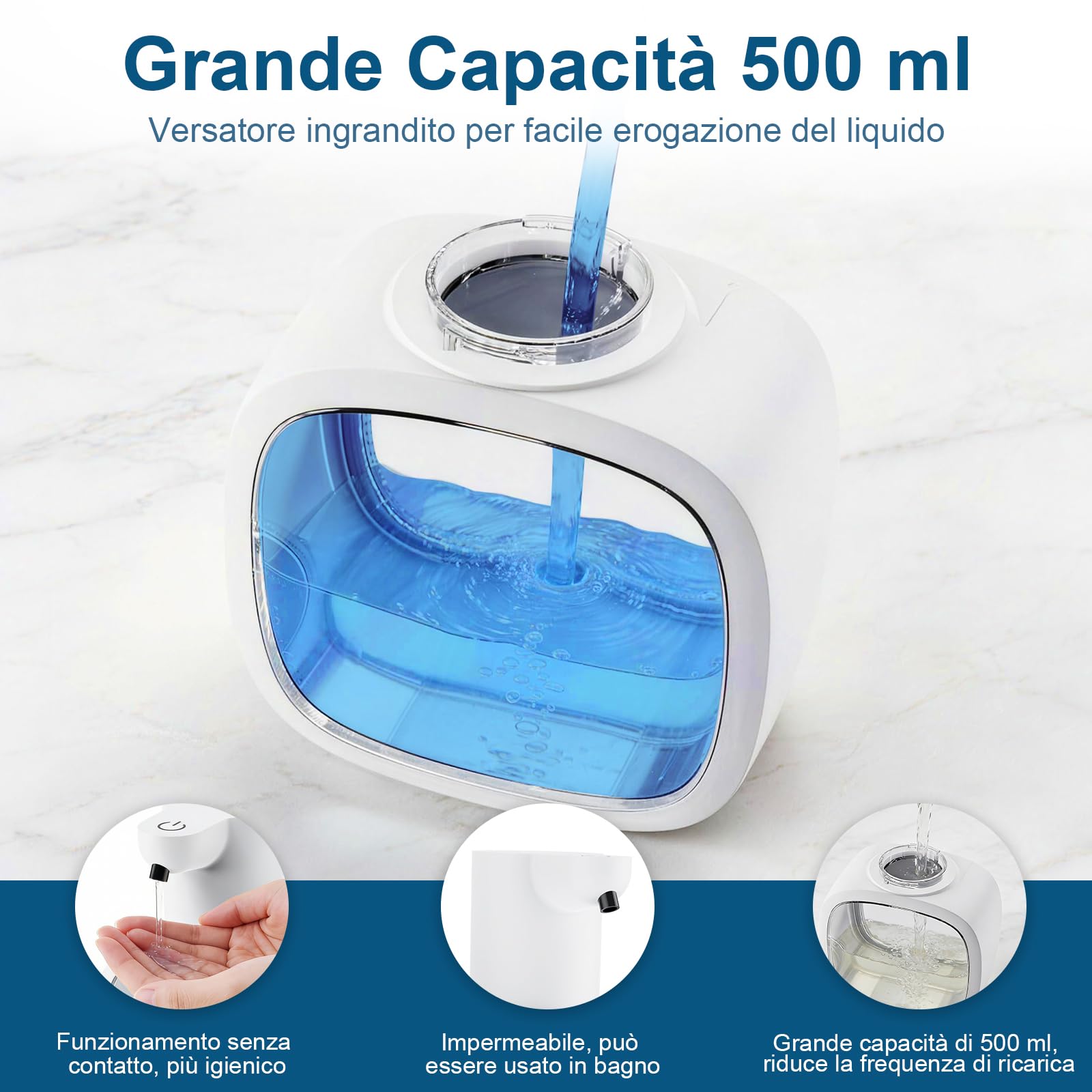 Dispenser Sapone Bagno 500ml, Dispenser di Sapone Automatico Elettrico con Sensore, Parete, 4 Livelli Regolabili, IPX5 Impermeabile, Ideale per Cucina e Bagno, Bianco