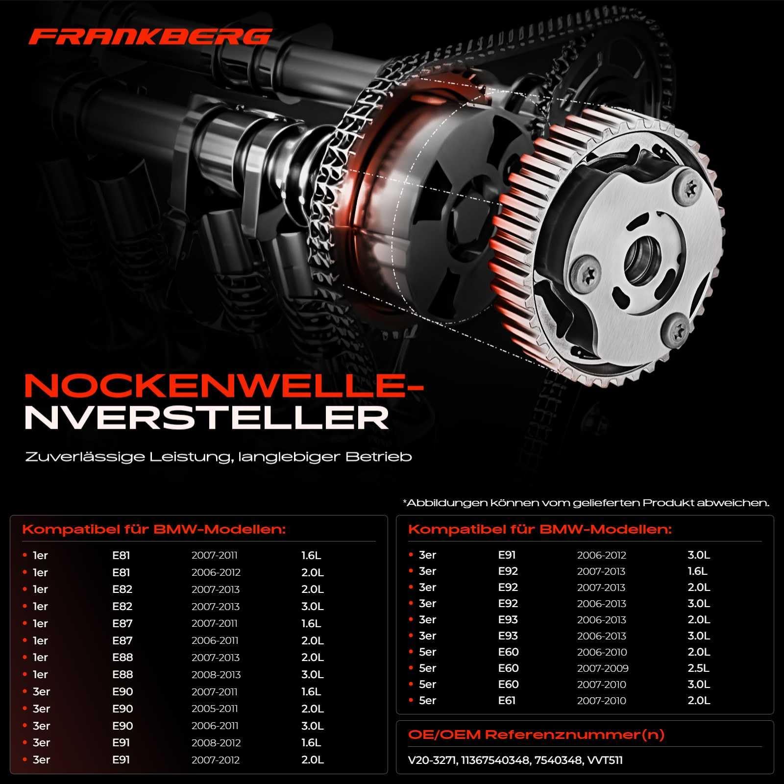 Frankberg Nockenwellenversteller Auslassseite Kompatibel mit 1er E81 116i 118i 1er E88 E82 135i 3er E90 316-335 5er E60 520-530 5er Touring E61 520-530 6er E63 E64 630i Replace# 11367540348