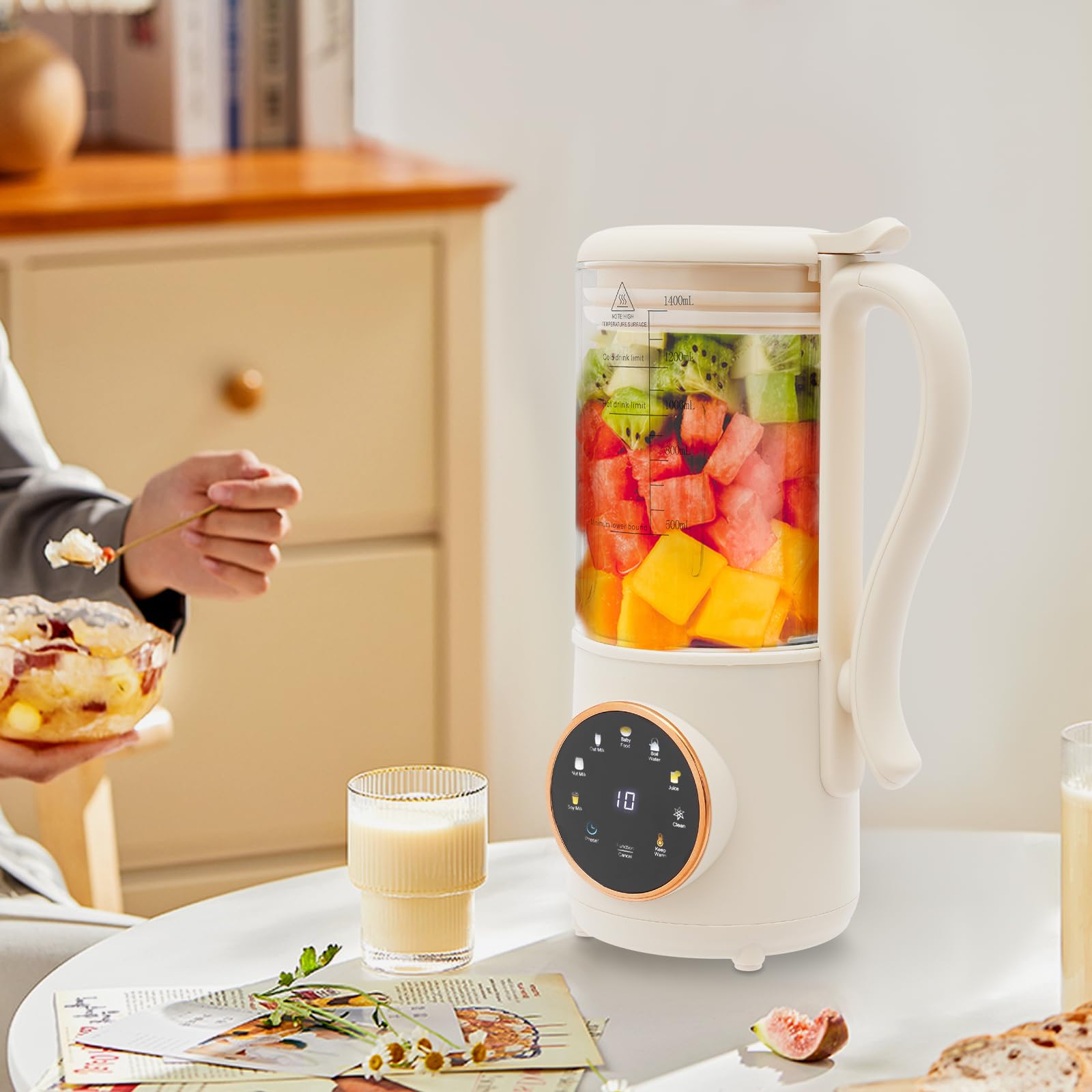 Urządzenie do przygotowywania mleka roślinnego 1400 ml z 16 ostrzami, automatyczna alternatywa mleka do soi, migdałów i owsa, timer 12 h i wyświetlacz LED (13 x 29,6 cm)