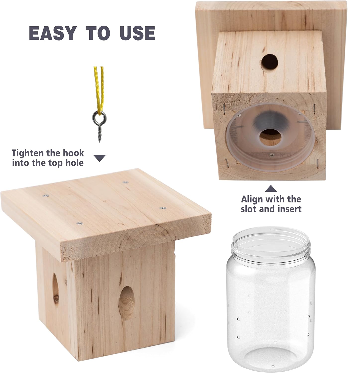 2 PCS Wood Carpenter Bee Trap for Outside - Best Bee Trap - Nature Hanging Carpenter Bee Traps Plastic Jar Outdoor - Insect Traps